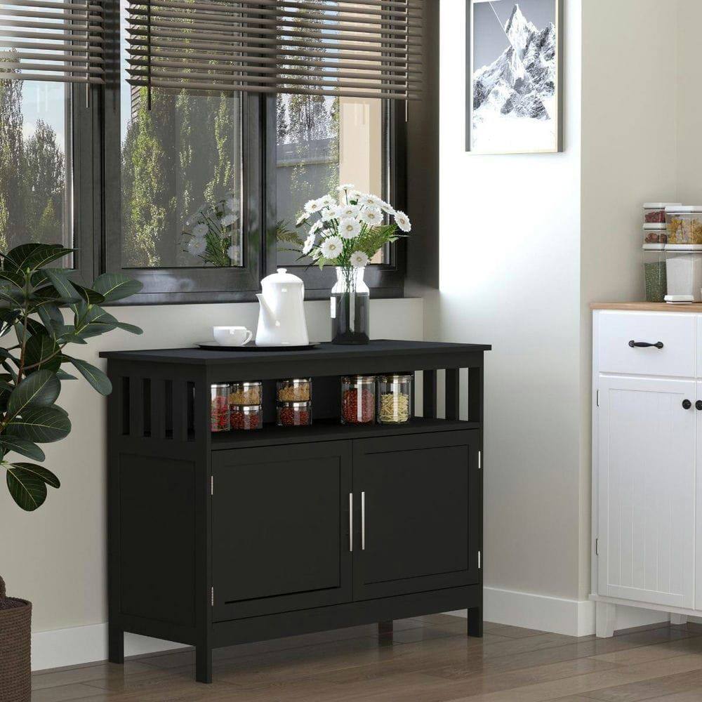 Kadyn Kitchen Console Table with 2 Level Cabinet & Display Shelf Black ...