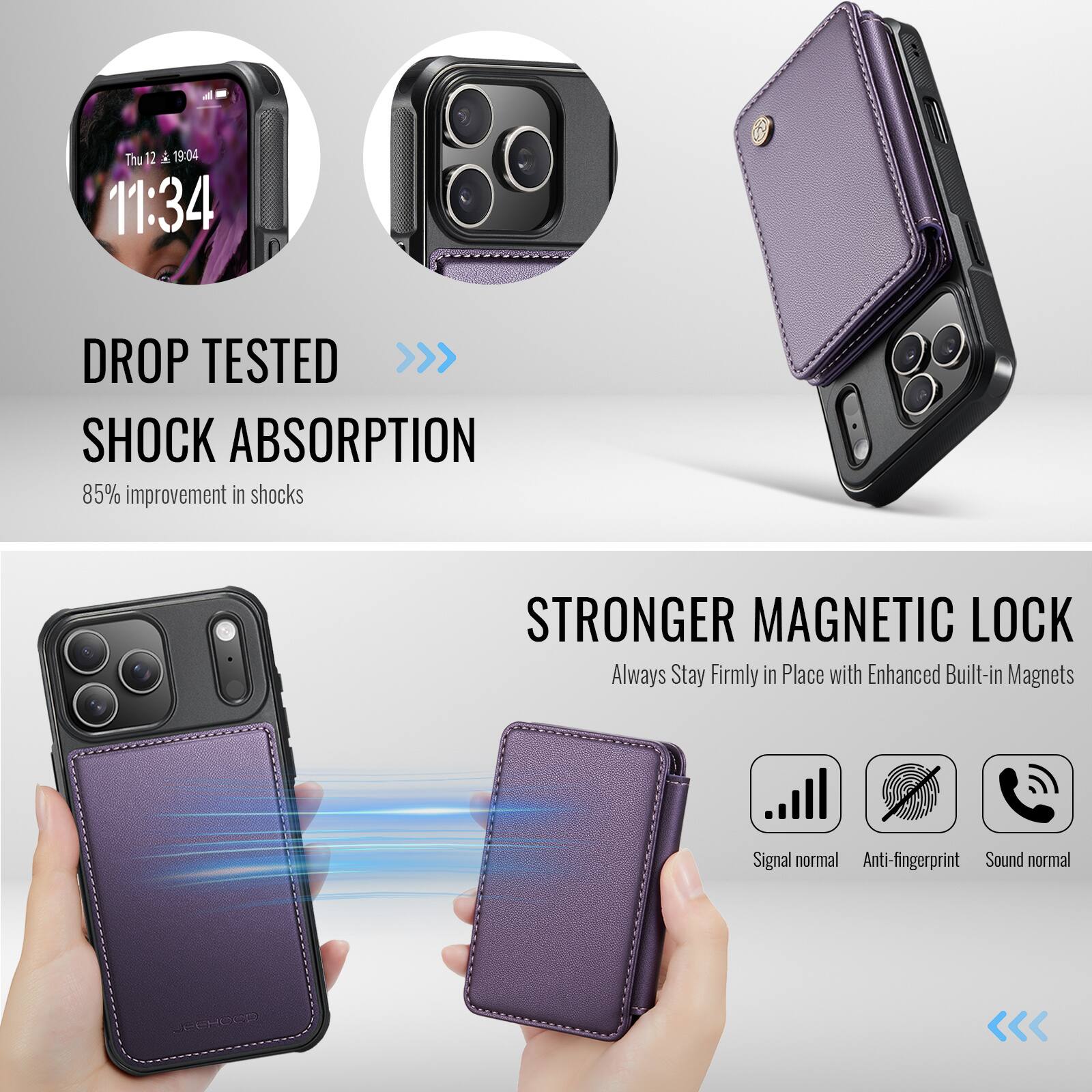 Thu 12 A 19:04 11:34

DROP TESTED >>> SHOCK ABSORPTION  
85% improvement in shocks

STRONGER MAGNETIC LOCK  
Always Stay Firmly in Place with Enhanced Built-in Magnets

Signal normal  
Anti-fingerprint  
Sound normal