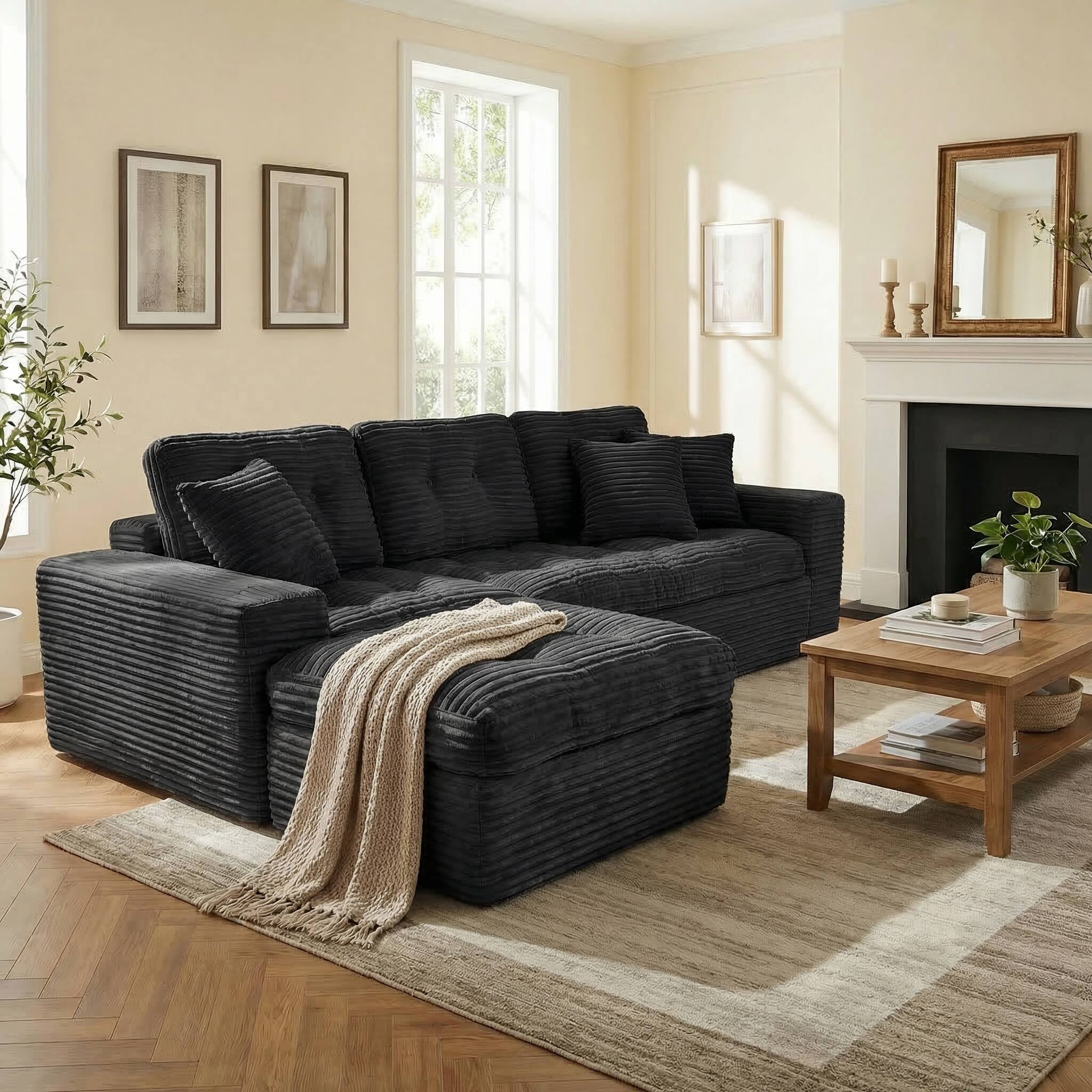 Left. Anysun - 105" Modular Cloud Sofa Set with Ottoman, DIY Sectional, Pure Foam & Faux Rabbit Fur Velvet for Living Room - Black.