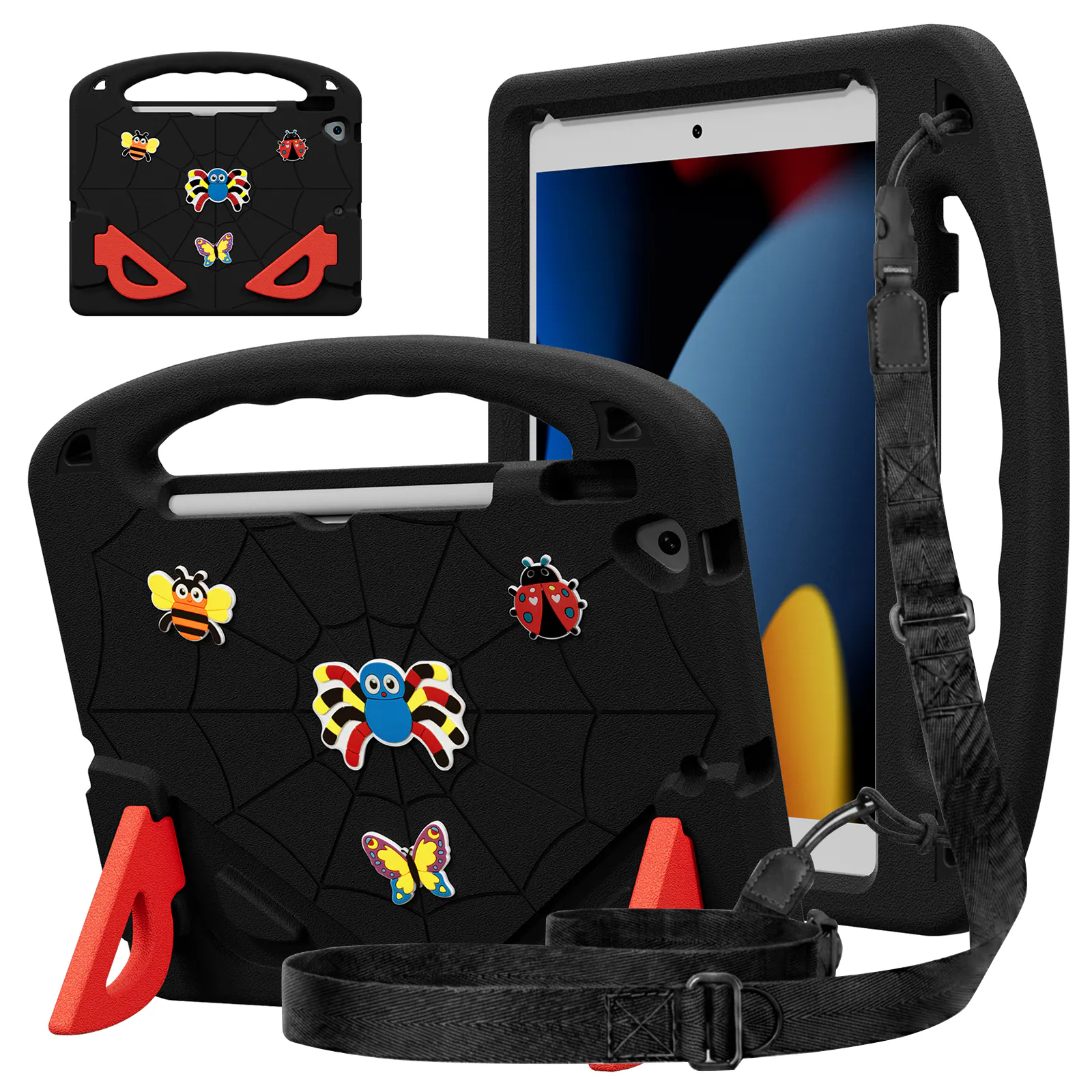 Front. Dteck - Case for 10.2" iPad 9th/8th/7th Generation, Cute Kids-Friendly Shockproof Stand Handle Grip with Shoulder Strap - Black Red.