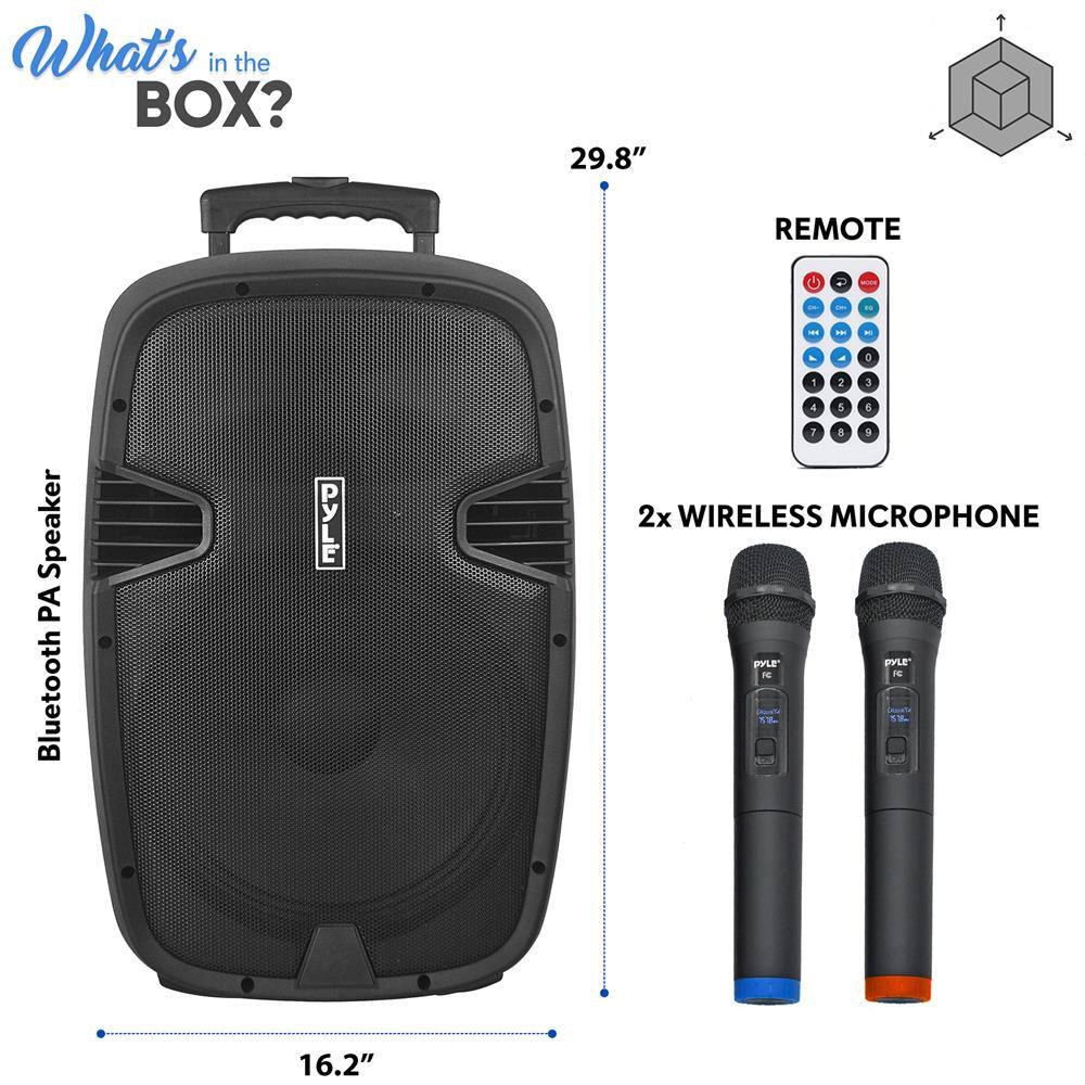 What's in the BOX?

- Bluetooth PA Speaker
- 29.8"
- 16.2"
- REMOTE
- 2x WIRELESS MICROPHONE