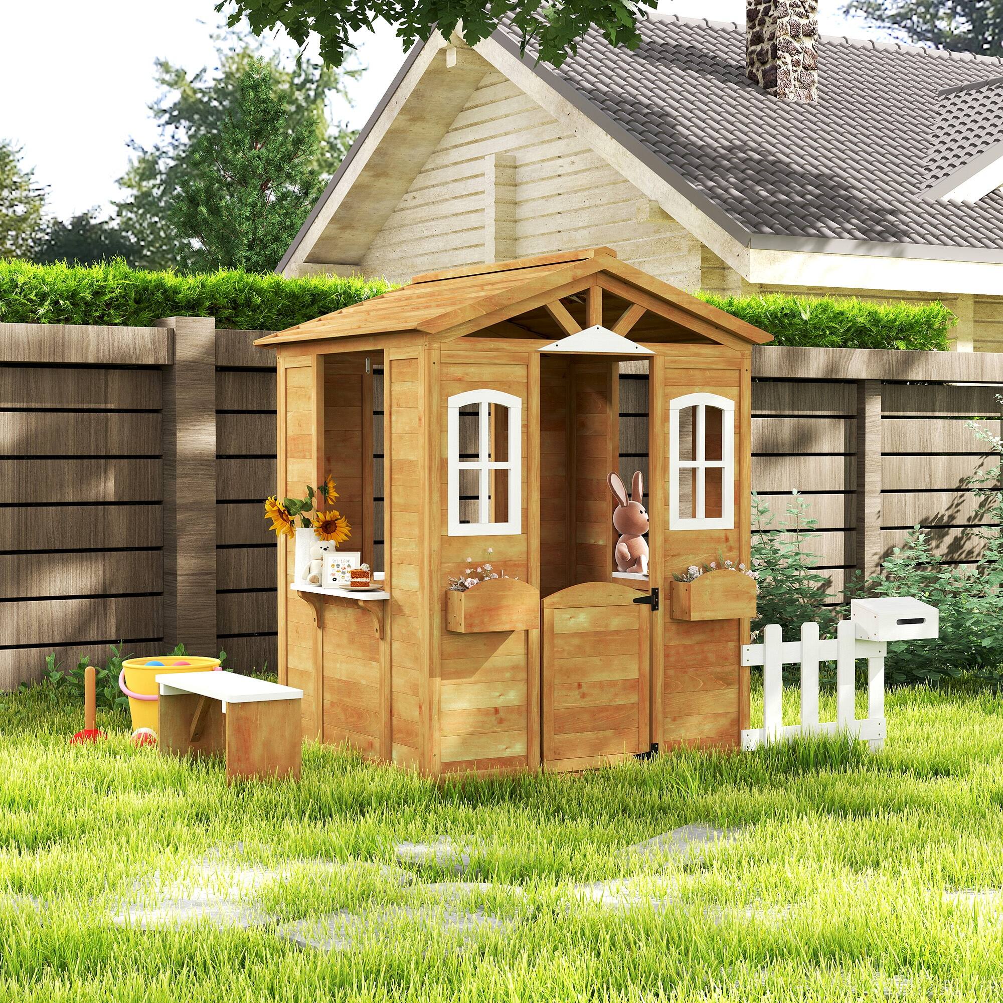 Alt View 5. Outsunny - Outdoor Playhouse for Kids Wooden Cottage with Working Doors Windows & Mailbox, Pretend Play House for Age 3-6 Years.