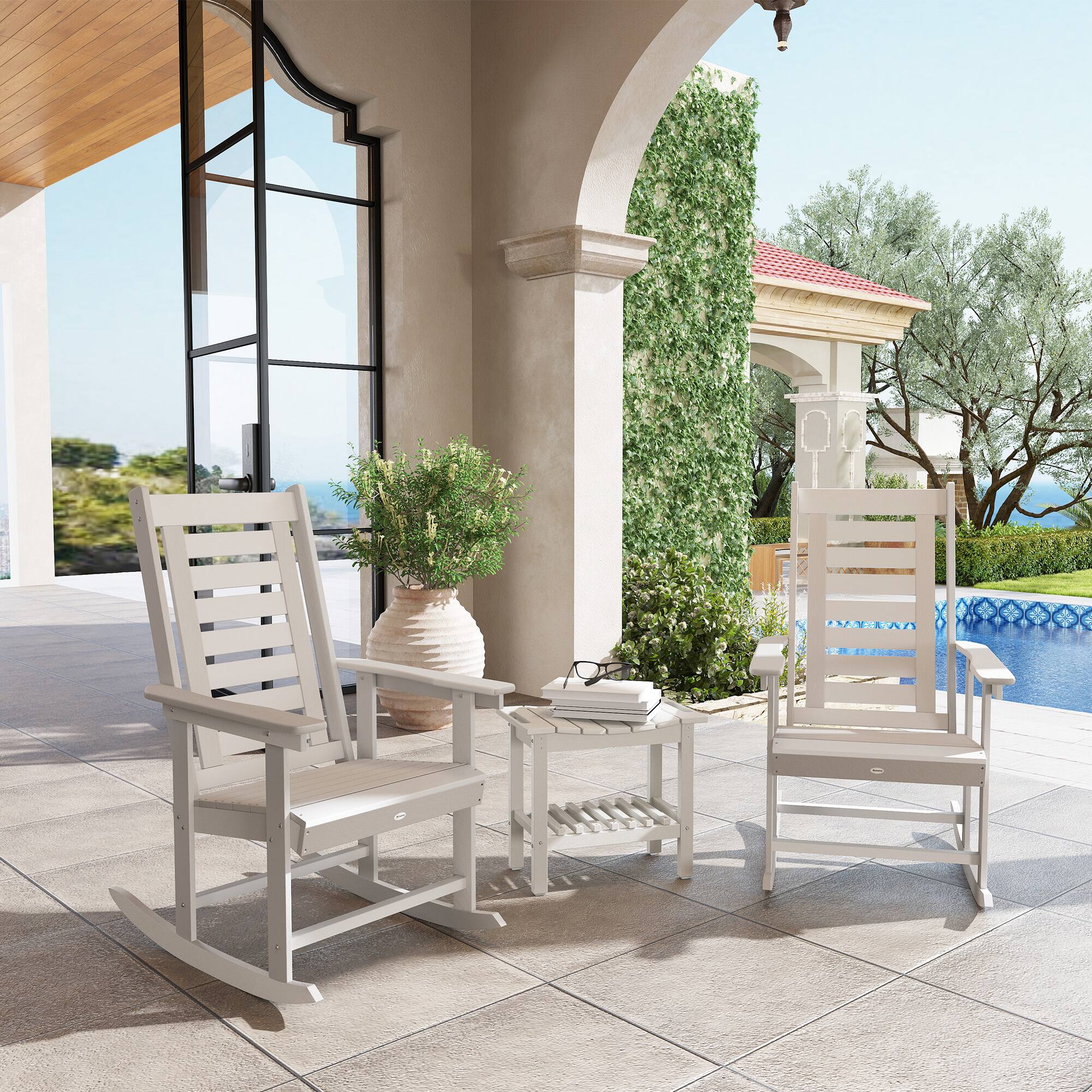 Angle. Outsunny - Pieces Outdoor Rocking Chairs, HDPE Patio Rockers with 28" High Back - White.