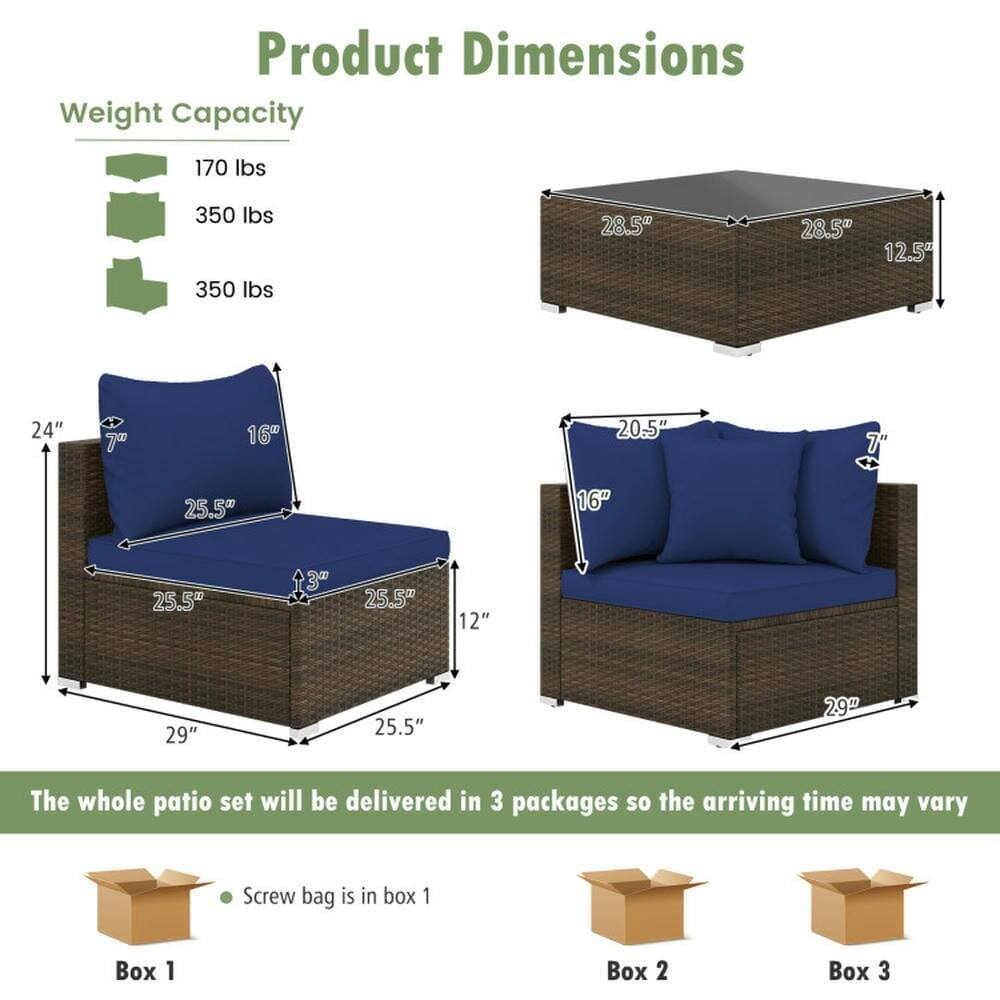 Product Dimensions  
Weight Capacity  
- 170 lbs  
- 350 lbs  
- 350 lbs  

Dimensions:  
- 28.5" x 28.5" x 12.5"  
- 24" + 7" x 16" x 20.5" x 7"  
- 25.5" x 16" x 25.5" x 13"  
- 25.5" x 12"  
- 29" x 25.5" x 29"  

The whole patio set will be delivered in 3 packages so the arriving time may vary  
- Screw bag is in box 1  
- Box 1  
- Box 2  
- Box 3
