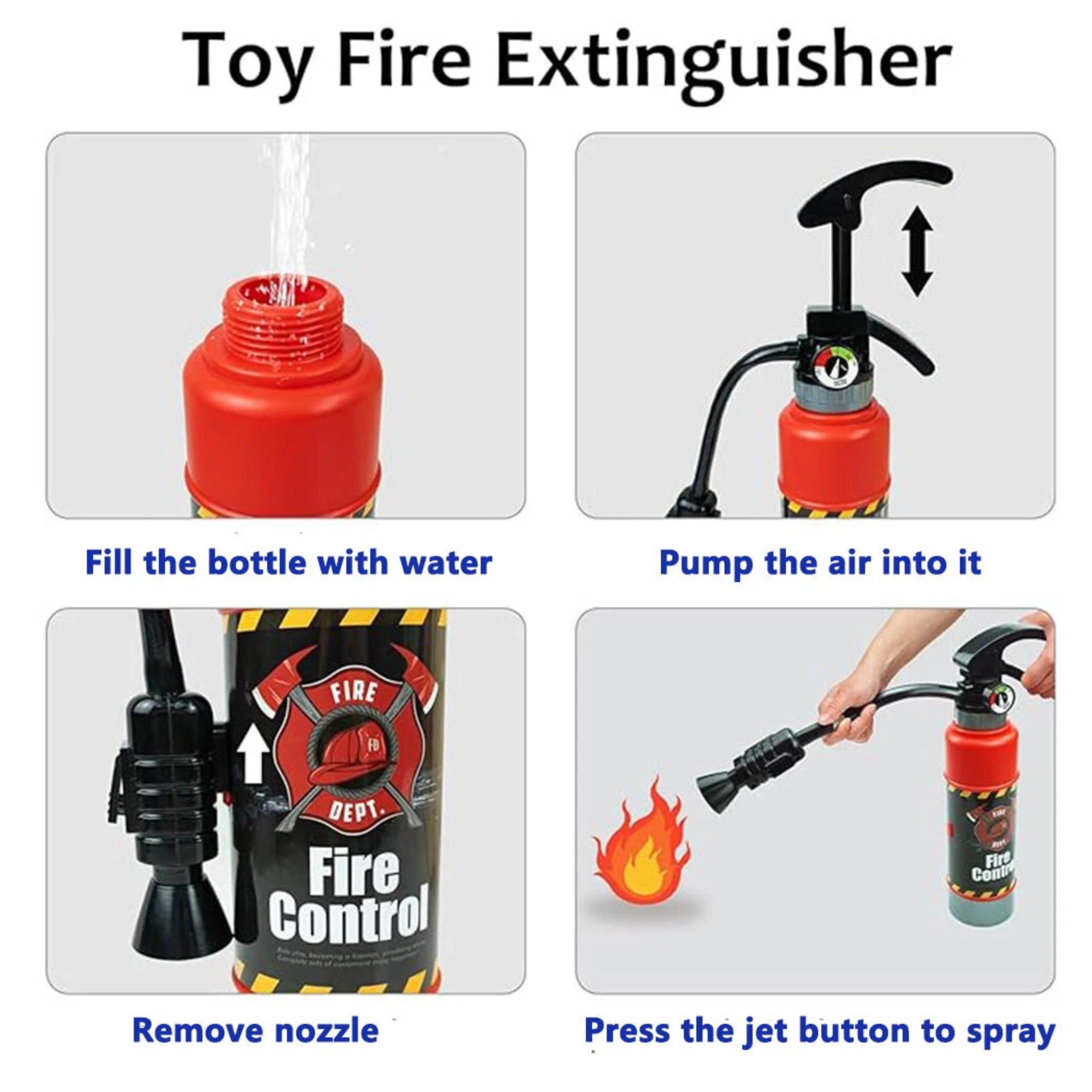 Toy Fire Extinguisher

1. Fill the bottle with water
2. Pump the air into it
3. Remove nozzle
4. Press the jet button to spray