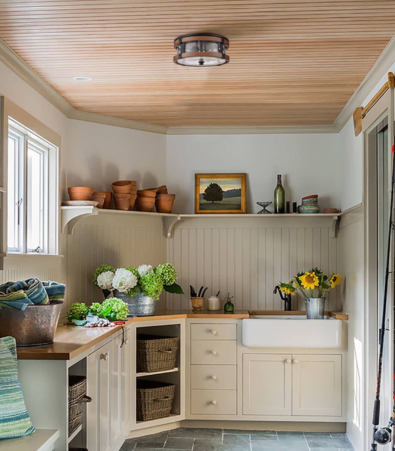 Alt View 2. MOOSE - Farmhouse Clear Seeded Glass Ceiling Light Fixture Black+Rustic Wood Grain Finish - Black.