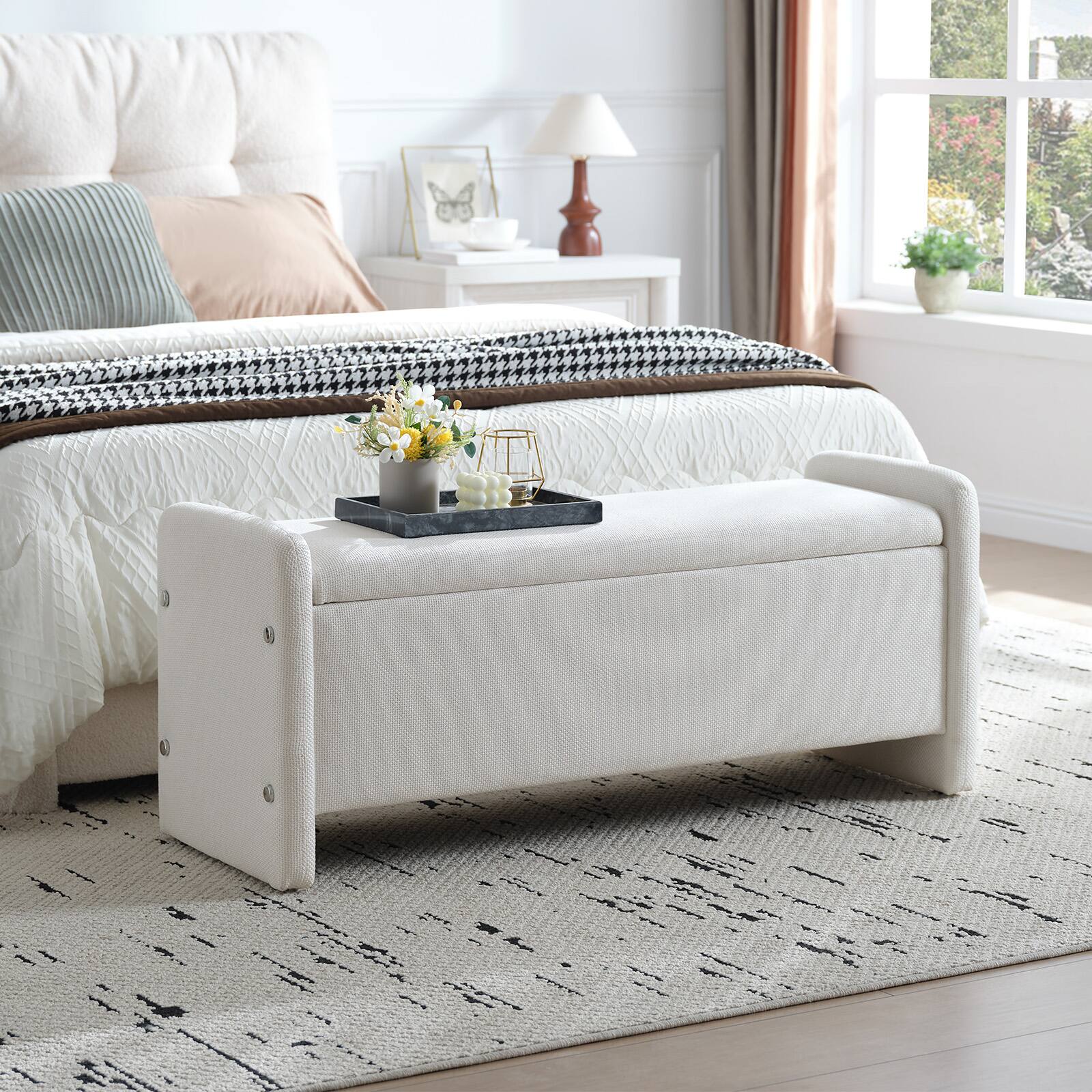 Angle. Pinmoco - Rectangular Corduroy Upholstered Ottoman Bench with Storage - White.