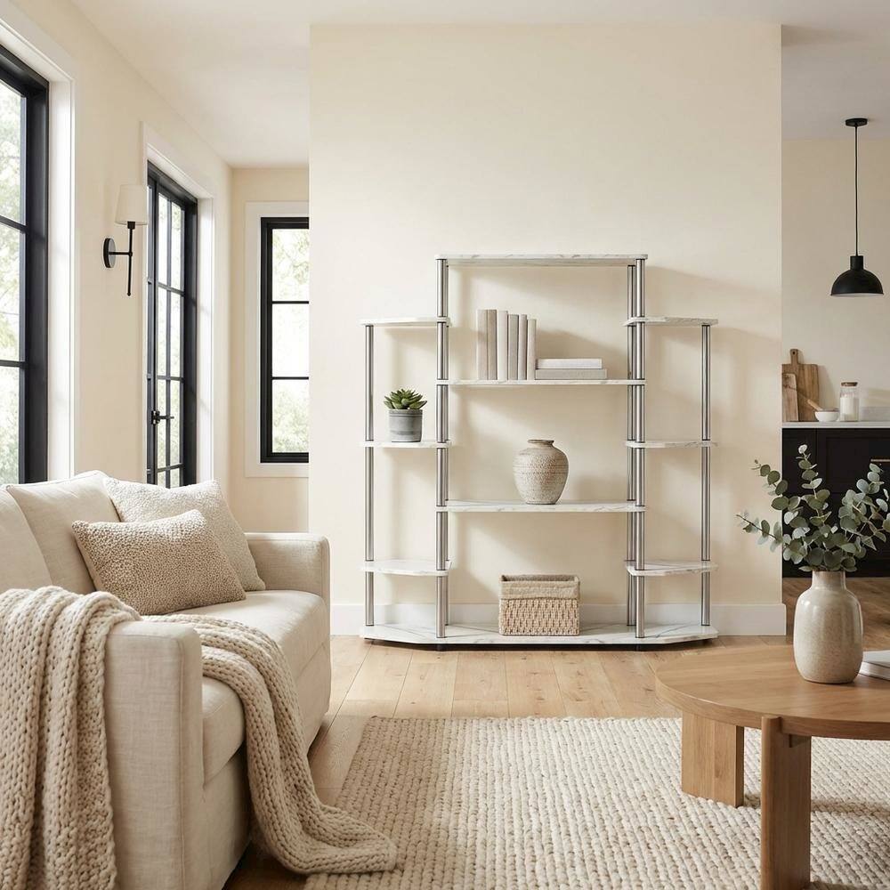 Alt View 2. FurniFact - Contemporary Wall Unit Bookshelf with Modern Storage and Display Space - White Faux Marble.