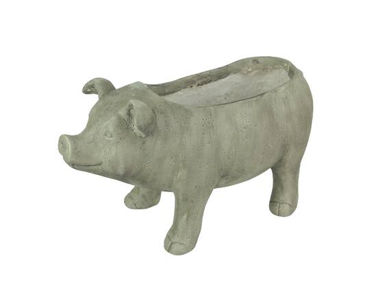 Front. Zeckos - 17 Inch Long Weathered Gray Finish Smiling Pig Planter - Grey.