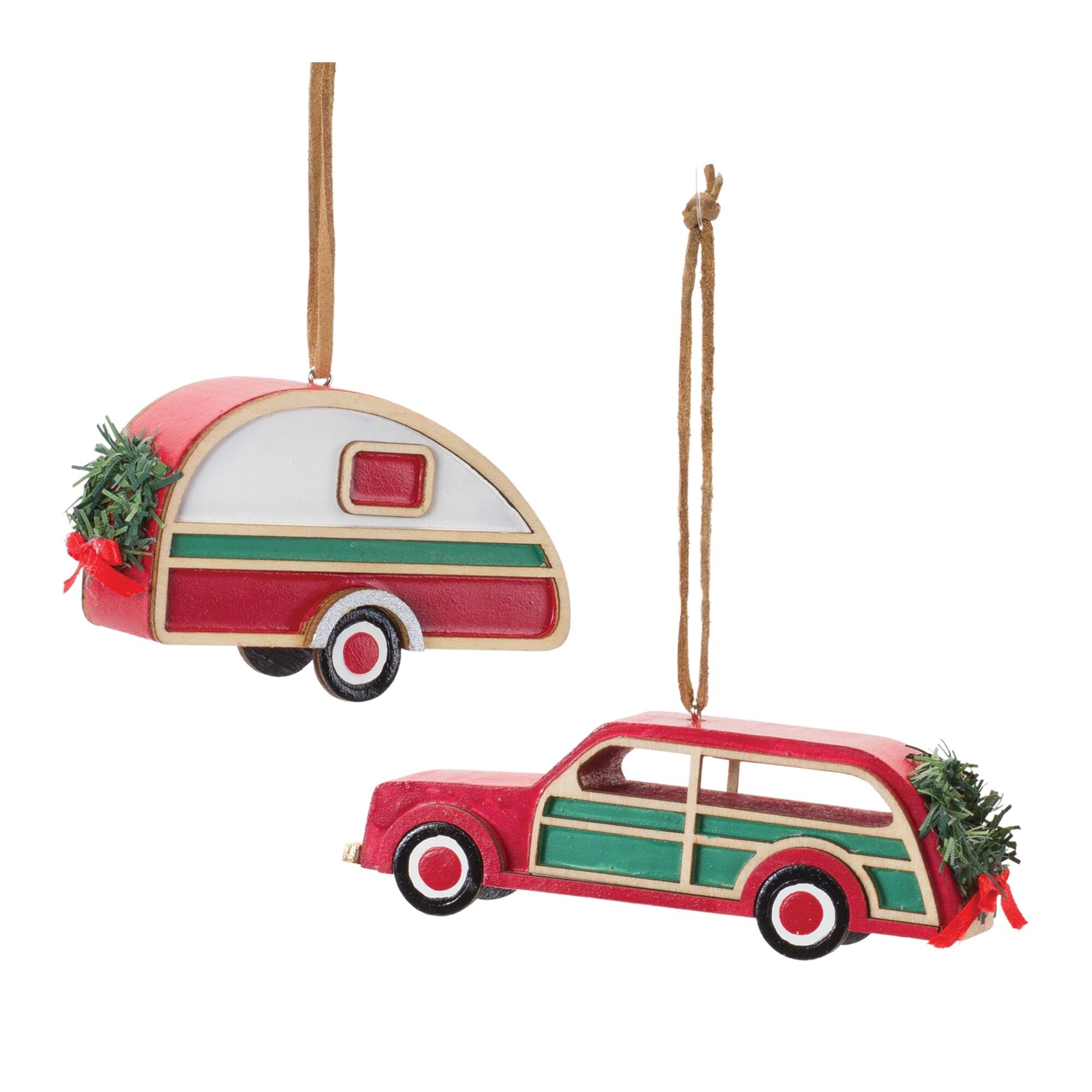 Front. BreeBe - Vintage Camper and Car Ornament (Set of 12) - Red, Green, White.