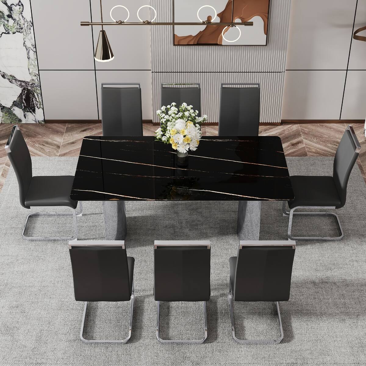 Alt View 1. Loheer - Loheer Black Faux Marble Glass Dining Table with Silver Metal Legs, Modern Minimalist Design - Black.