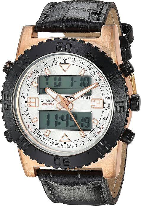 Timetech - Men's Analog/Digital Multi-Function Weekend Sport Watch with Leather Wrist Band - Black