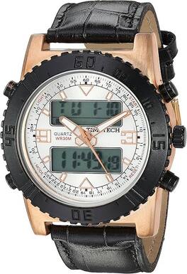 Timetech - Men's Analog/Digital Multi-Function Weekend Sport Watch with Leather Wrist Band - Black