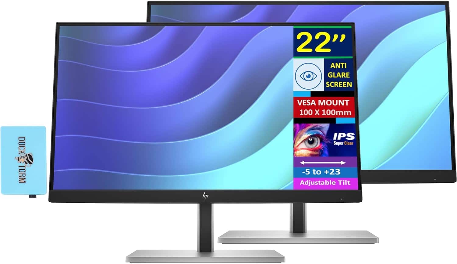 HP - 22" FHD IPS Monitor, Anti Glare, Flicker Free, VESA Mount, Displayport, HDMI & DKZ Hub, Color 2 Pack - Black/Silver