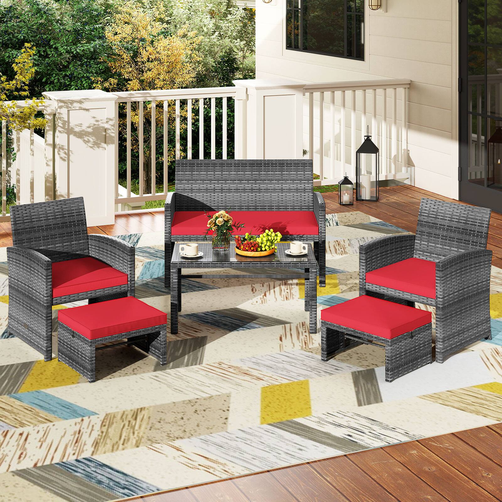 Alt View 3. Costway - Costway 6PCS Patio Furniture Set Outdoor Sectional Conversation PE Rattan Sofa Set - Mix Brown,Red.