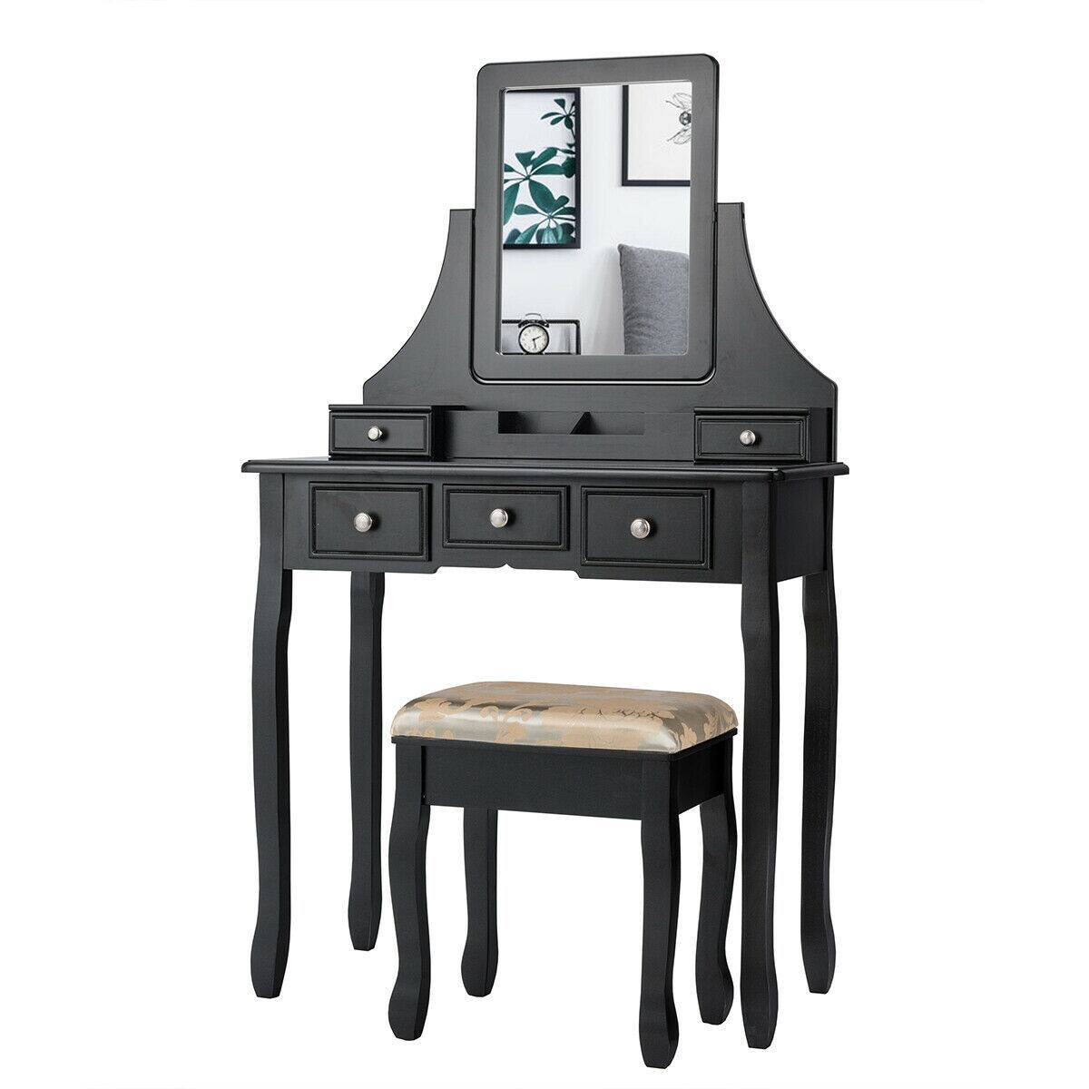 Alt View 7. Gymax - Gymax Vanity Set Makeup Dressing Table & Stool w/5 Drawers Black - Black.