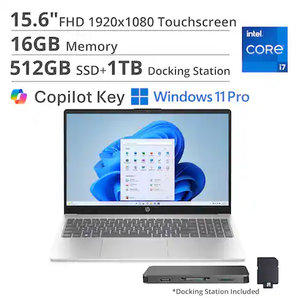 15.6" FHD 1920x1080 Touchscreen
16GB Memory
512GB SSD + 1TB
Intel Core i7
Copilot Key
Windows 11 Pro
Docking Station Included