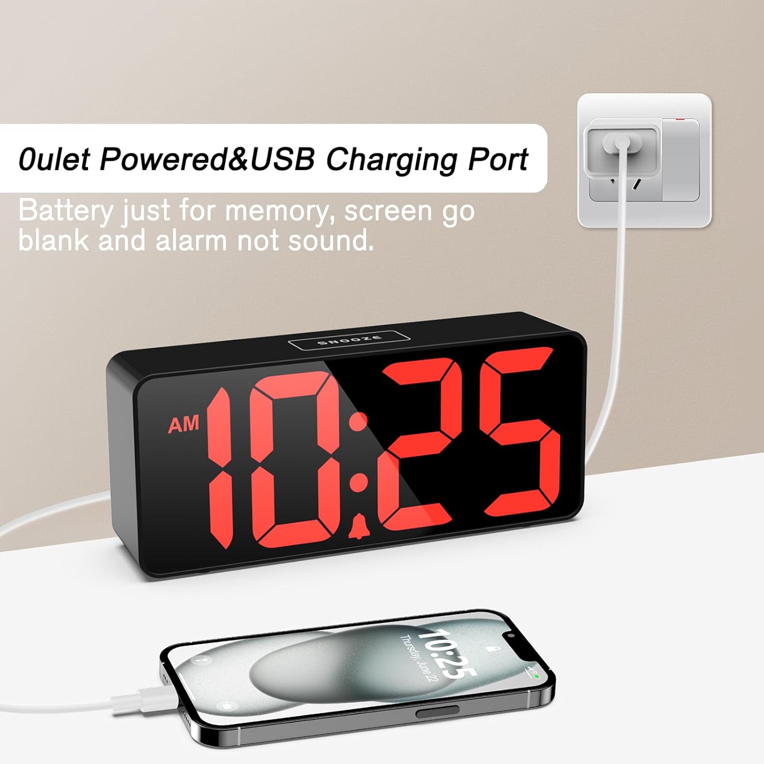 Outlet Powered & USB Charging Port  
Battery just for memory, screen go blank and alarm not sound.