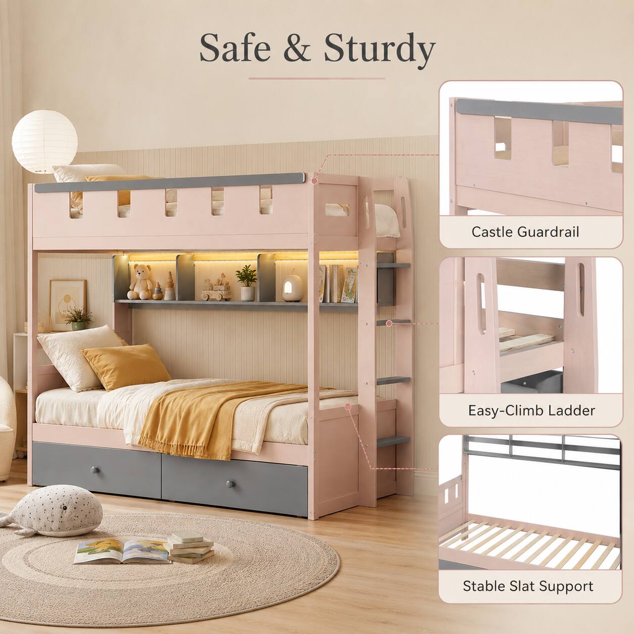 Safe & Sturdy

Castle Guardrail

Easy-Climb Ladder

Stable Slat Support
