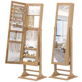 Costway - Jewelry Cabinet Full-Length Mirror Lockable Jewelry Armoire with 6 Lights - Natural