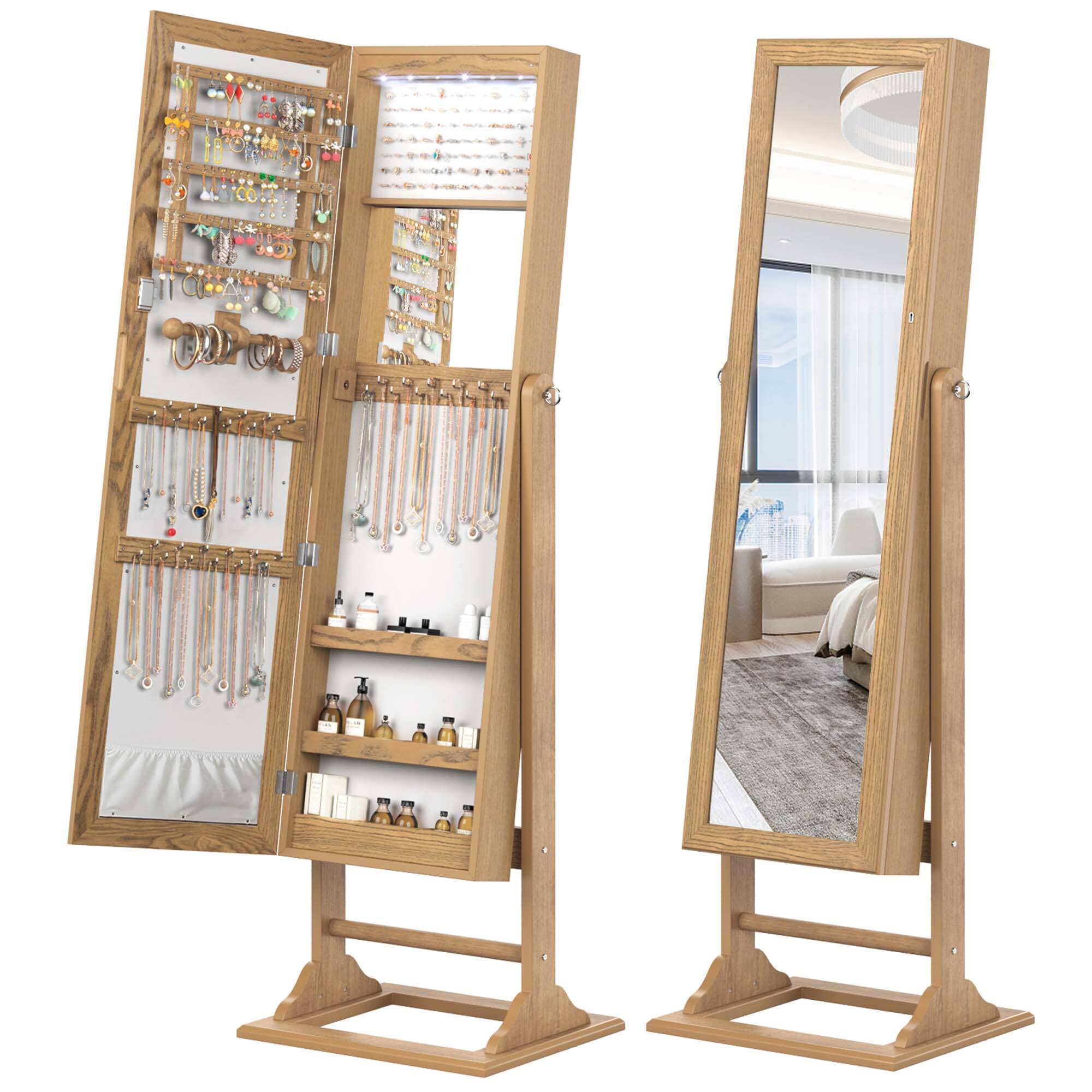 Front. Costway - Costway Jewelry Cabinet Full-Length Mirror Lockable Jewelry Armoire with 6 Lights - Natural.