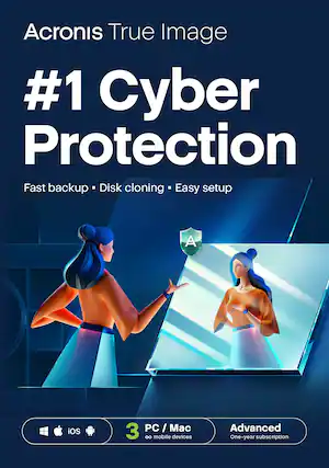 Acronis True Image #1 Cyber Protection: Fast backup, Disk cloning, Easy setup. iOS 3 PC/Mac, 3 PCs, 1 mobile device. Advanced. One-year subscription.
