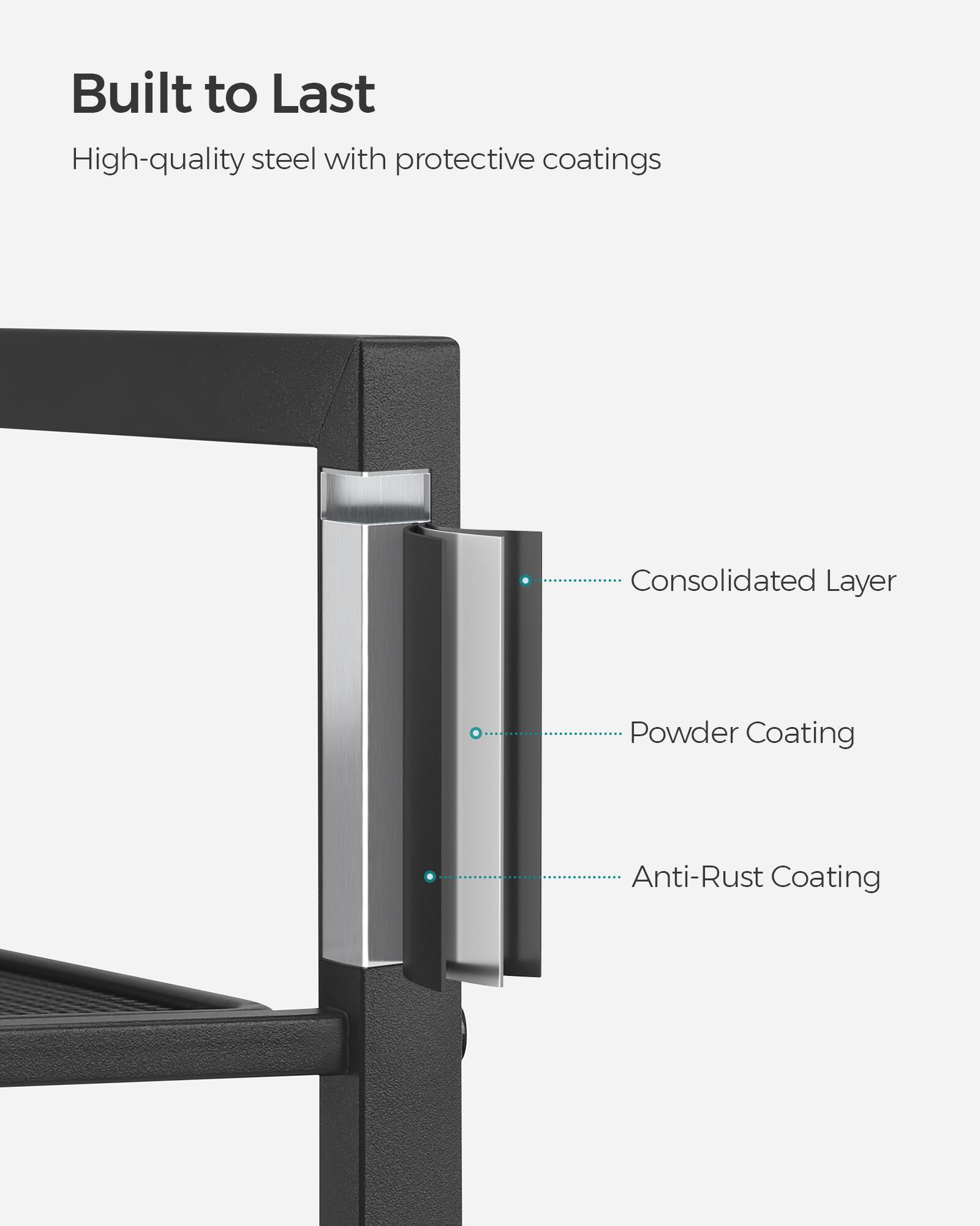 Built to Last  
High-quality steel with protective coatings  
- Consolidated Layer  
- Powder Coating  
- Anti-Rust Coating