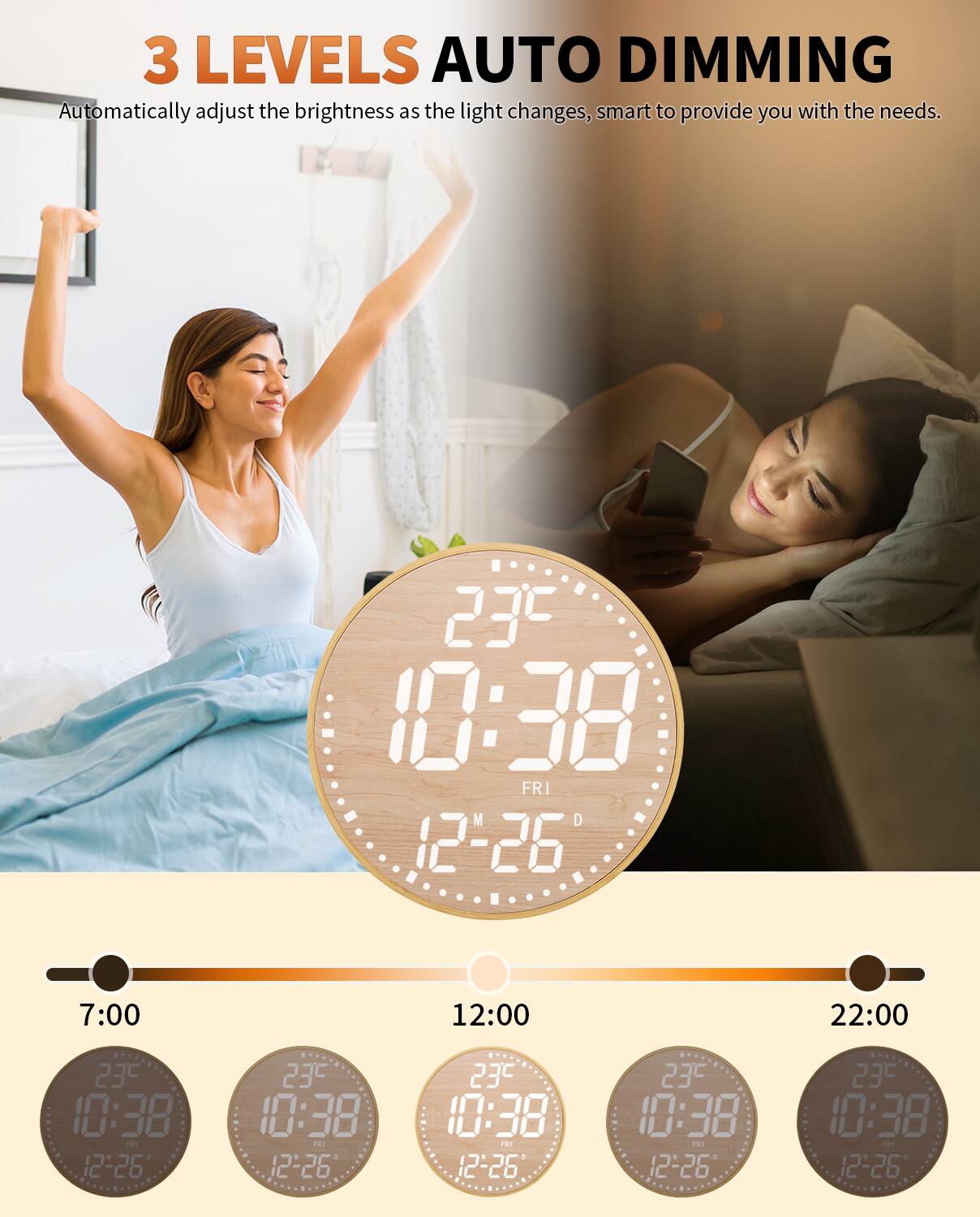 3 LEVELS AUTO DIMMING  
Automatically adjust the brightness as the light changes, smart to provide you with the needs.

23°C  
10:38  
FRI  
12-26  

7:00  
10:38  
12-26  
23°C  

12:00  
10:38  
12-26  
23°C  

22:00  
10:38  
12-26  
23°C