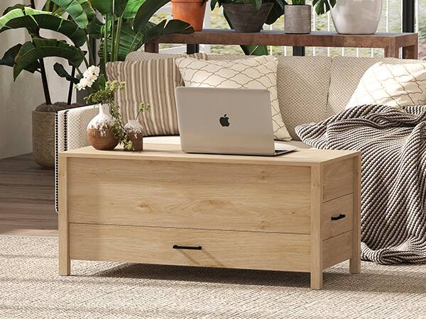 Angle. Bestier - Lift-Top Coffee Table with Hidden Storage, 3 Drawers, Spacious Countertop and Sturdy Wood Legs - wooden.