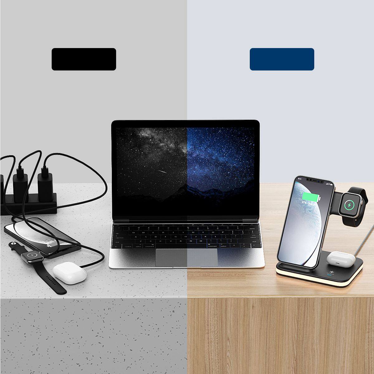 Left. Link - Link 4-in-1 Wireless Charging Stand with Night Light for iPhone 14/13/12, AirPods, Apple Watch - White - White.