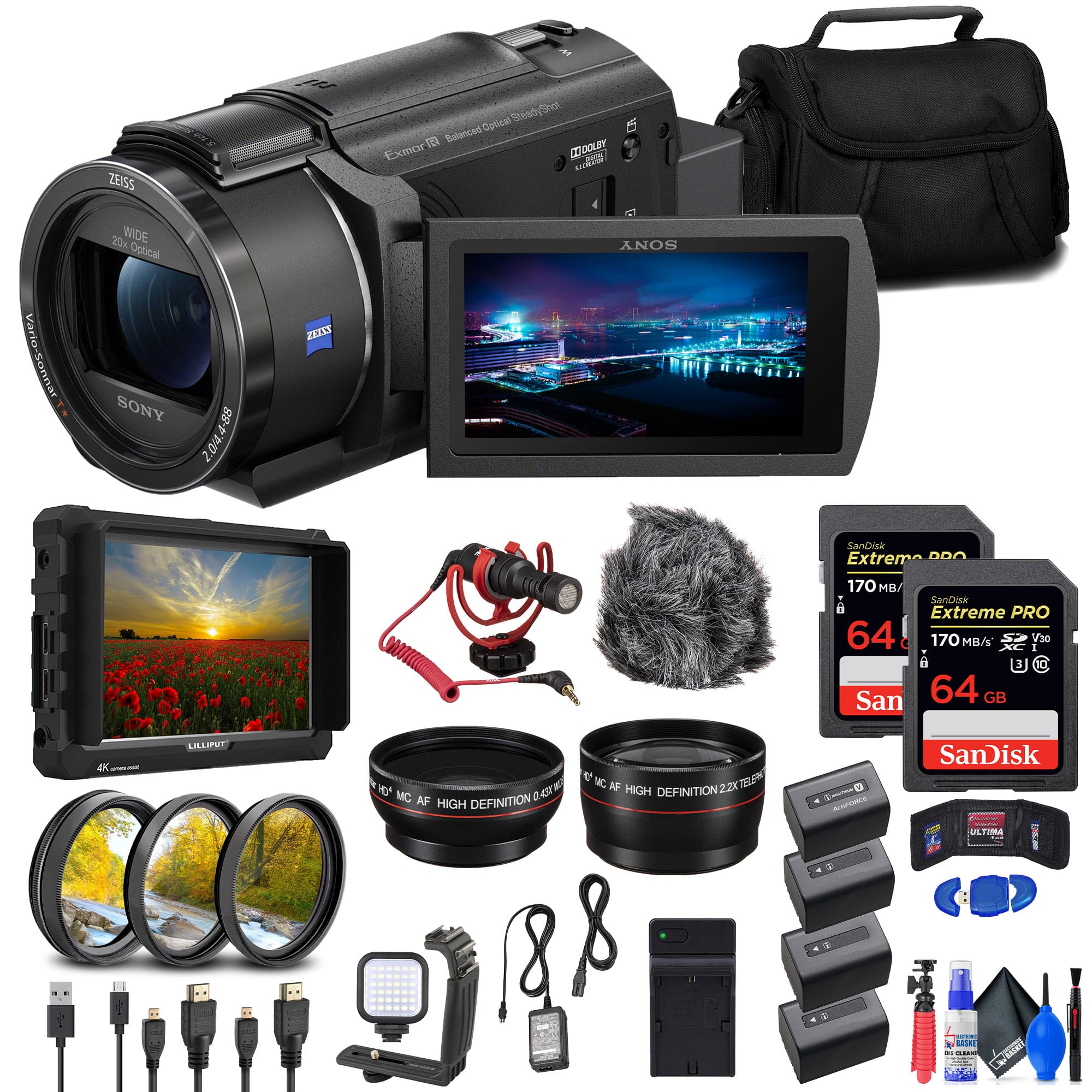 Sony - FDR-AX43 UHD 4K Handycam Camcorder + 4K Monitor + 2 x 64GB Cards + More