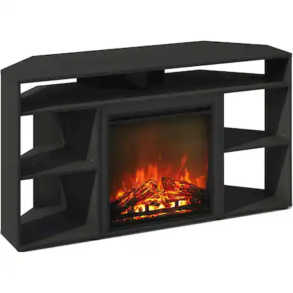 Front. FurniFact - Black 55 Inch Fireplace TV Stand with Five Shelves and Electric Flame Display - Brown.