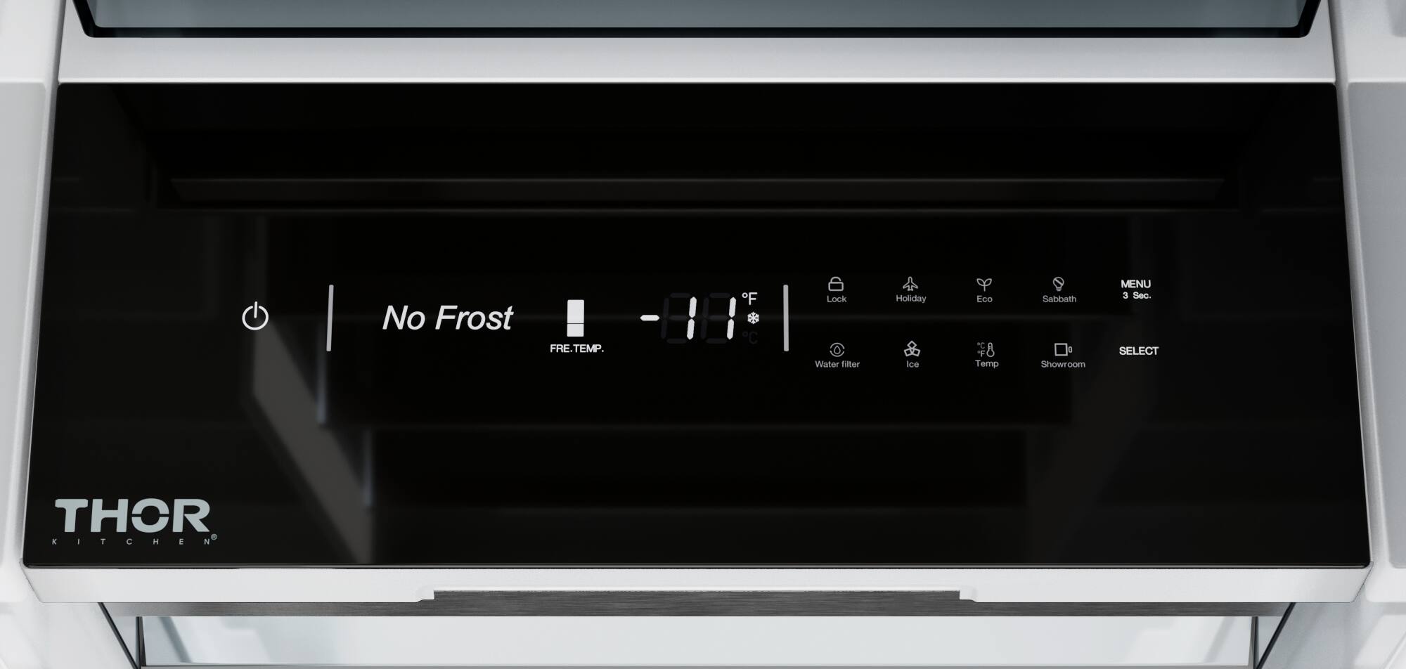 No Frost FRE.TEMP. F C Lock Water filter Holiday Ice Eco 8 Temp Sabbath Showroom MENU a Sec. SELECT THOR KITCHEN a T C - a N A