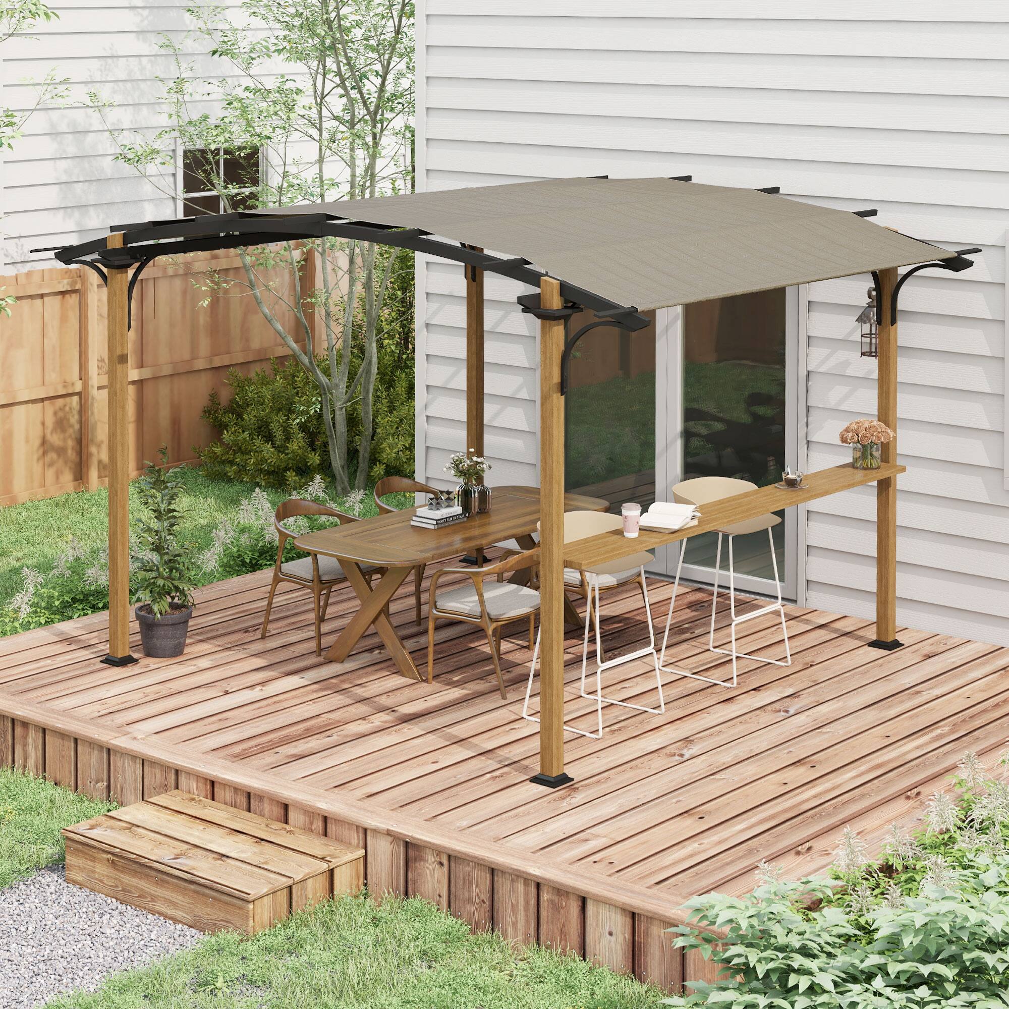 Angle. Outsunny - 12' x 10' Outdoor Pergola, Pergola Canopy with Bar Counter, UV-resistant Arched Top, Aluminum and Steel Frame - Natural Wood.