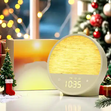 Front. Dazzed Corner - Sunrise Alarm Clock, Dual Alarms for Heavy Sleepers Adults - Latte.