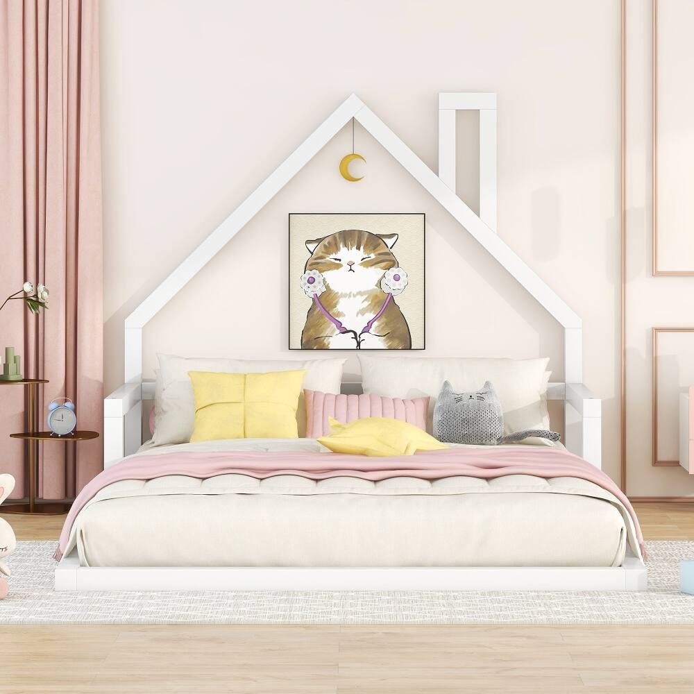 Left. Loheer - Loheer Full Size House Bed White Wood Floor Bed with House Shaped Headboard Kids House Bed Full Size - White.