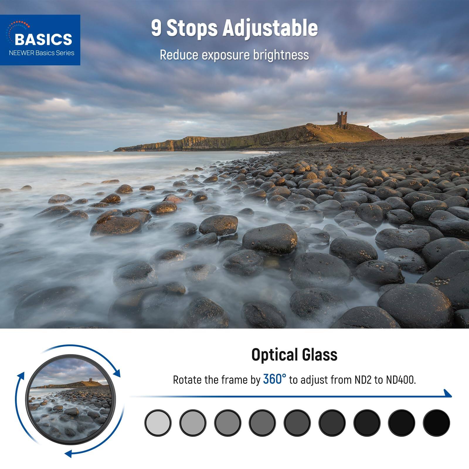 BASICS NEWEER Basics Series

9 Stops Adjustable  
Reduce exposure brightness

Optical Glass  
Rotate the frame by 360° to adjust from ND2 to ND400.