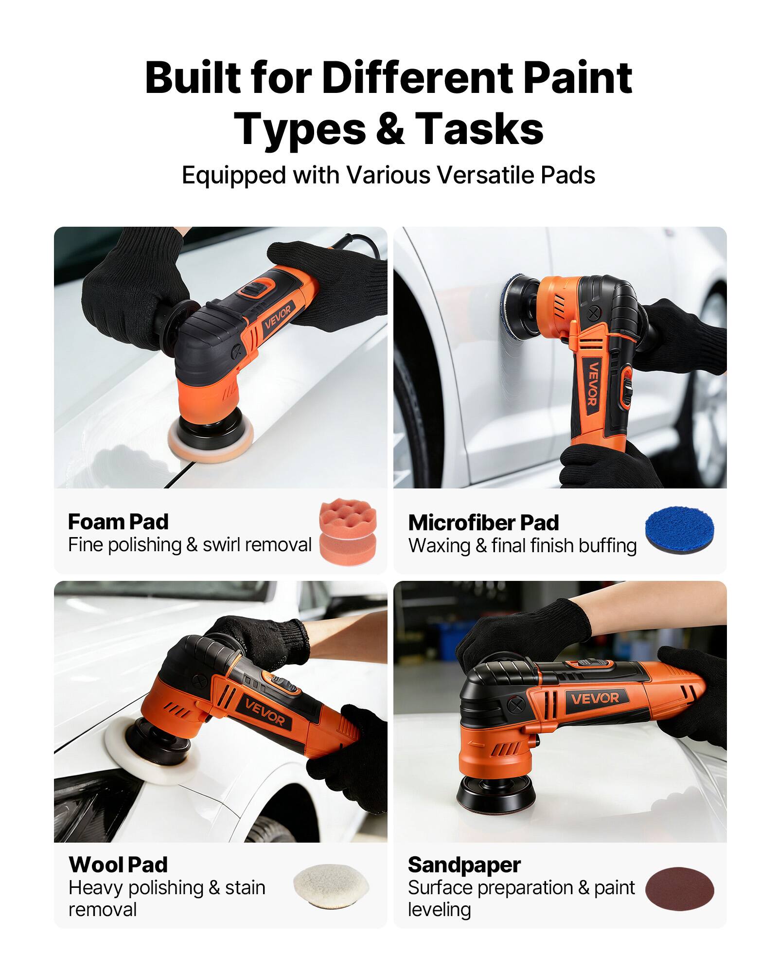 Built for Different Paint Types & Tasks  
Equipped with Various Versatile Pads  

- Foam Pad  
  Fine polishing & swirl removal  

- Microfiber Pad  
  Waxing & final finish buffing  

- Wool Pad  
  Heavy polishing & stain removal  

- Sandpaper  
  Surface preparation & paint leveling