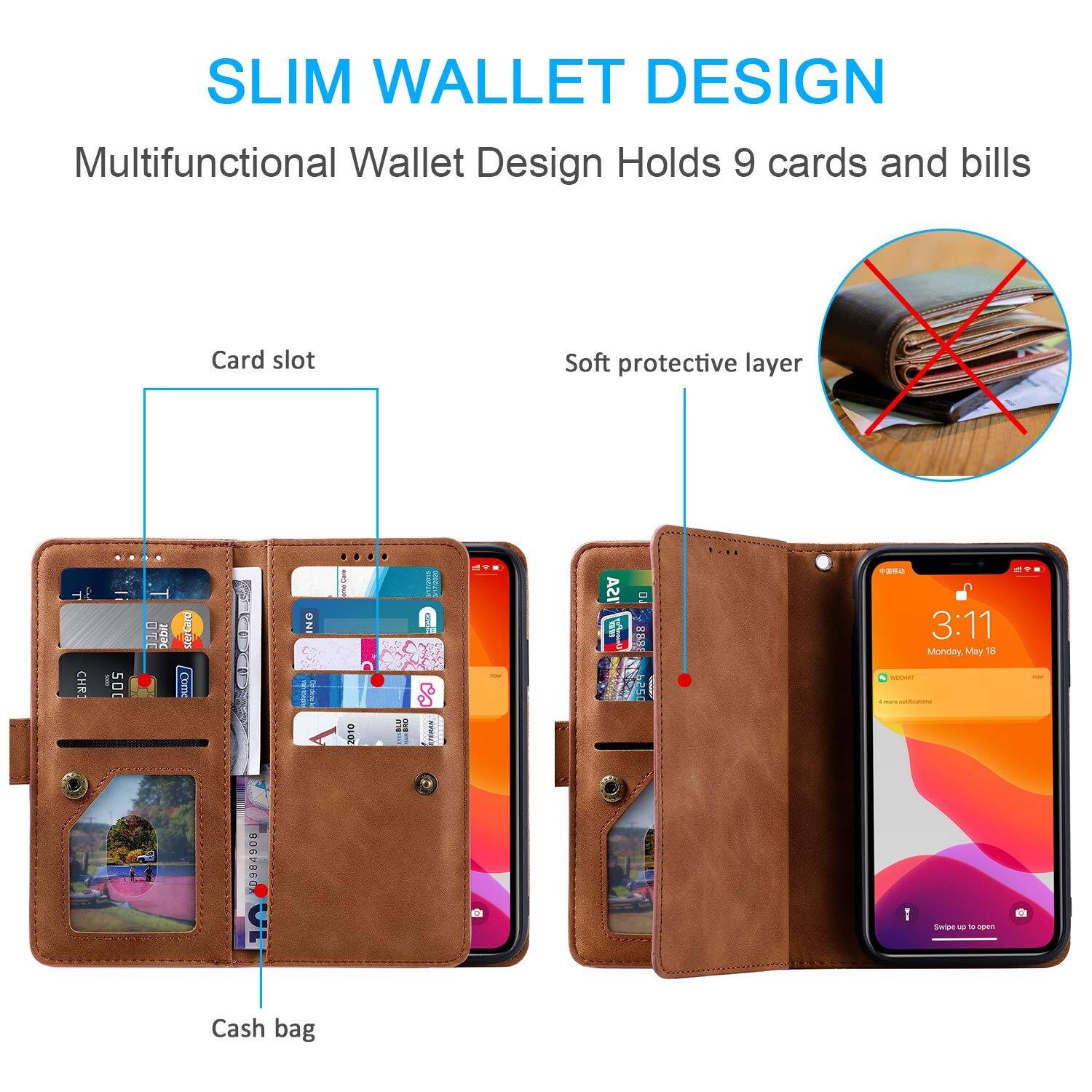 SLIM WALLET DESIGN  
Multifunctional Wallet Design Holds 9 cards and bills  
Card slot  
Soft protective layer  
Cash bag  

3:11  
Monday, May 18  
Swipe up to open