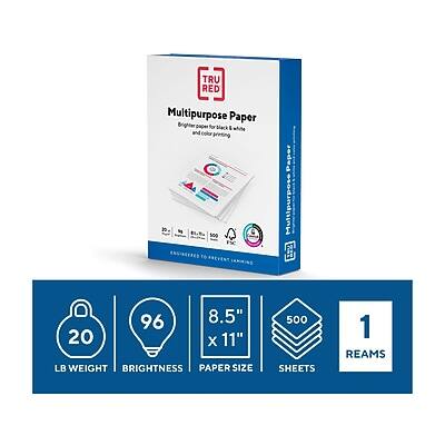 TRU RED Multipurpose Paper  
Brighter paper for black, white, and color printing  
30% more sheets to prevent paper jams  
96 lb weight  
96 brightness  
8.5" x 11" paper size  
500 sheets per ream  
1 ream