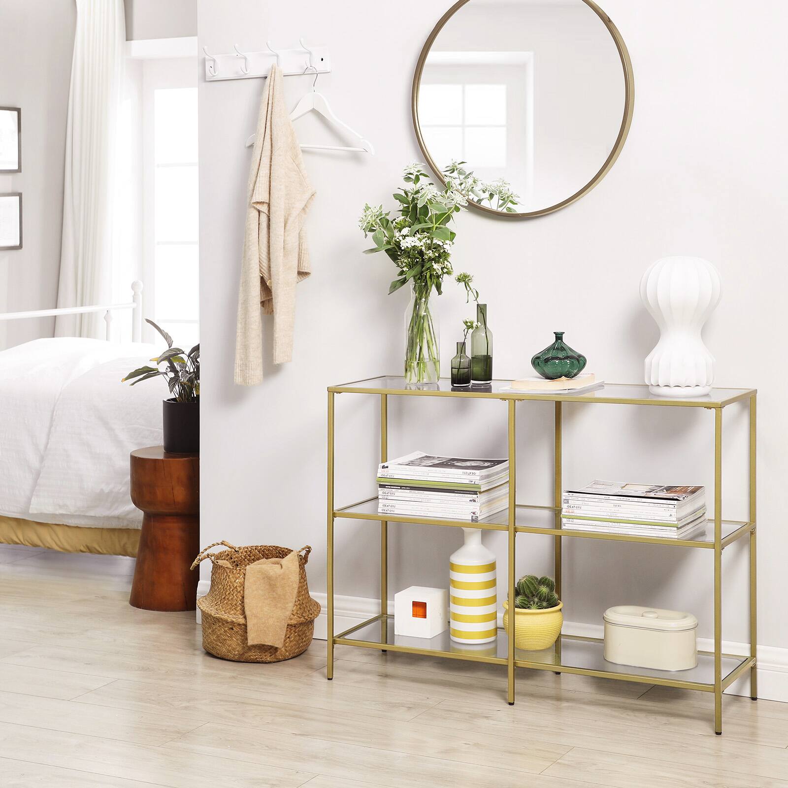 Alt View 1. Songmics Home - 39.4 Inch Console Table with 3 Shelves, Sofa Table, Entryway Table, Metal Frame, Tempered Glass Shelf, Modern Style - Metallic Gold and Transparent.