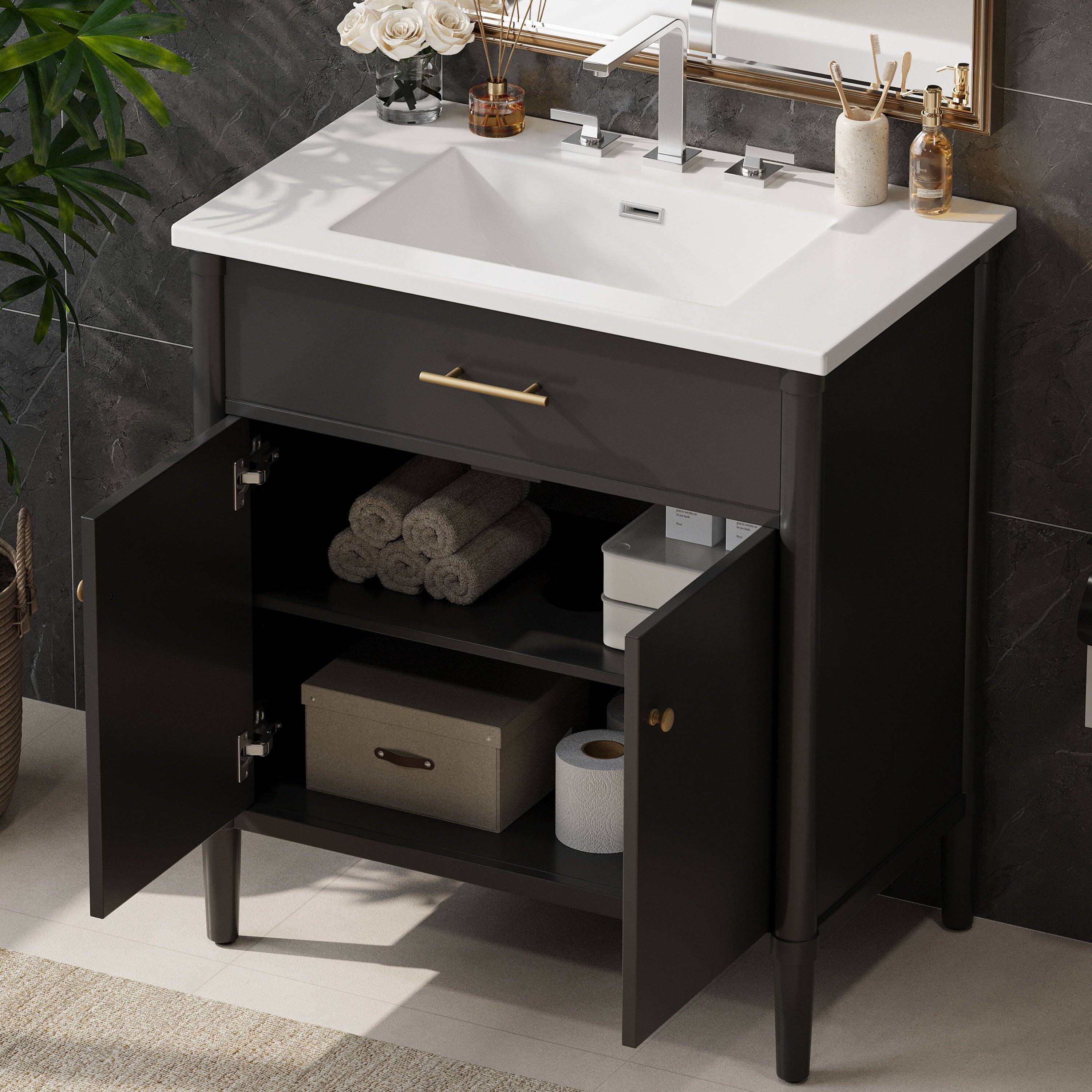 Alt View 7. Boyel Living - 31 Inch Bathroom Vanity with Sink Soft Close Doors Adjustable Shelf Curved Design Rubber Wood Legs Black - Black.