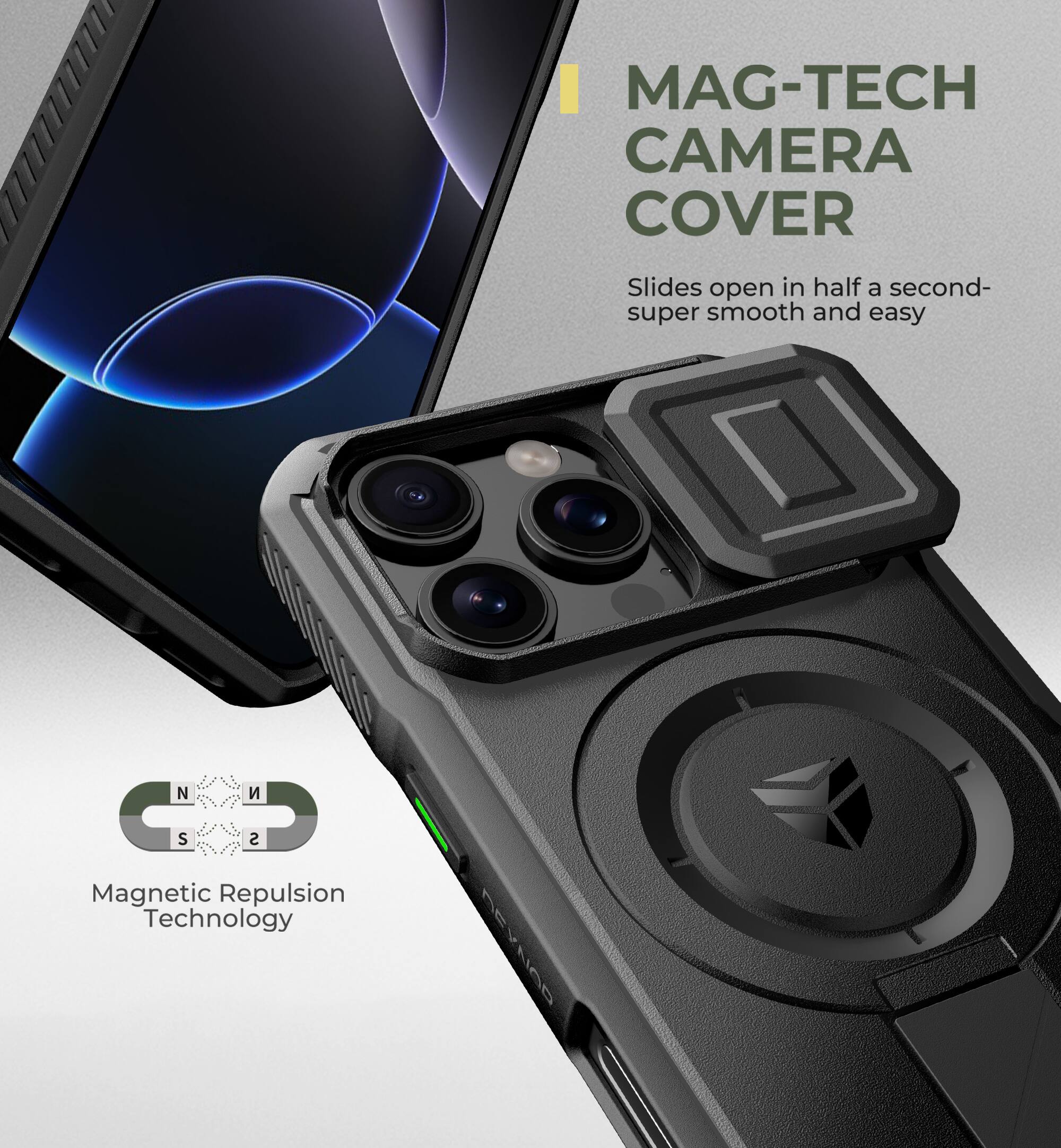 MAG-TECH CAMERA COVER Slides open in half a second- super smooth and easy
Magnetic Repulsion Technology