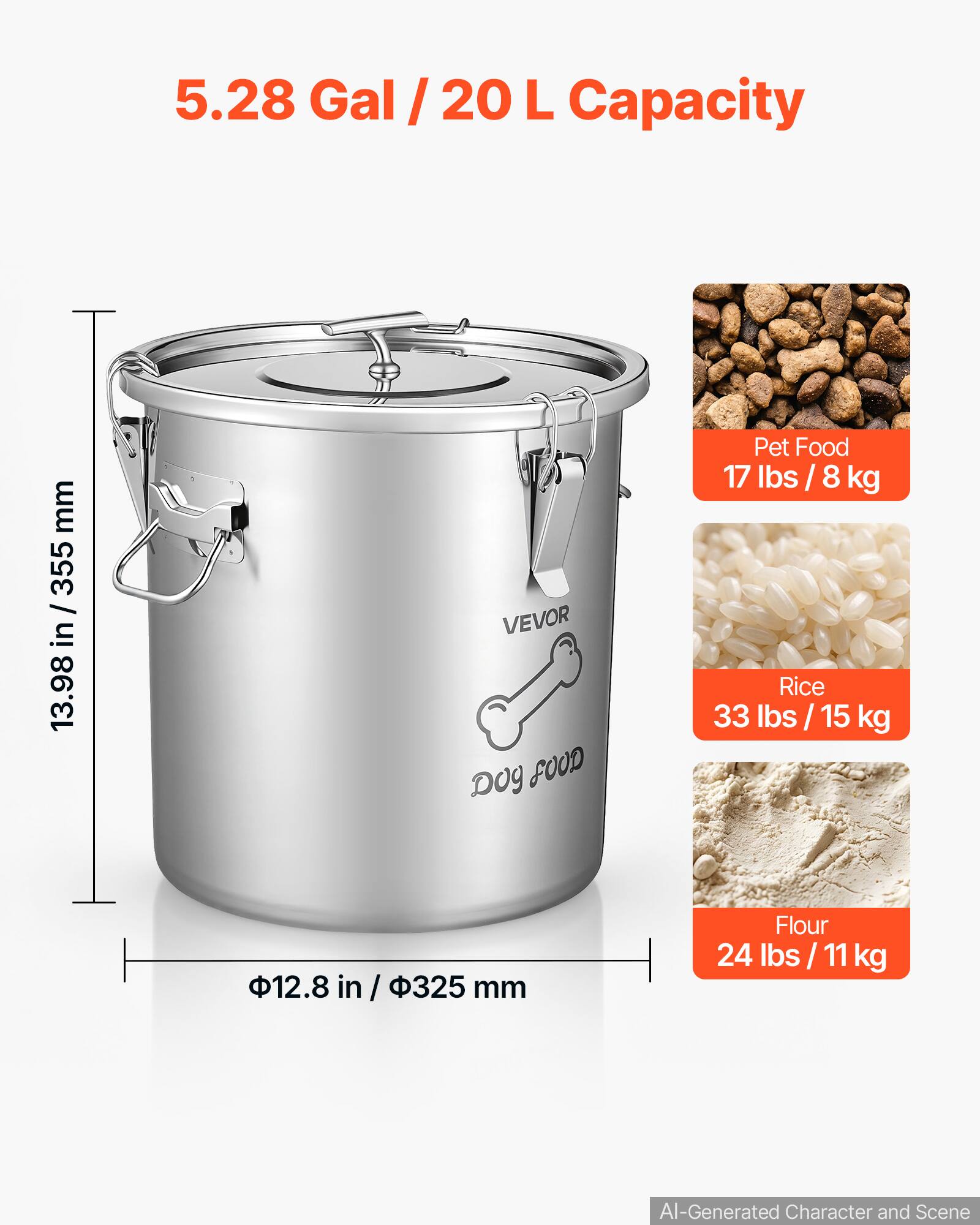 5.28 Gal / 20 L Capacity

mm 355 / in 13.98

VEVOR DOY GOOS

Pet Food 17 lbs / 8 kg Rice 33 lbs / 15 kg

12.8 in / 325 mm

Flour 24 lbs / 11 kg

AI-Generated Character and Scene