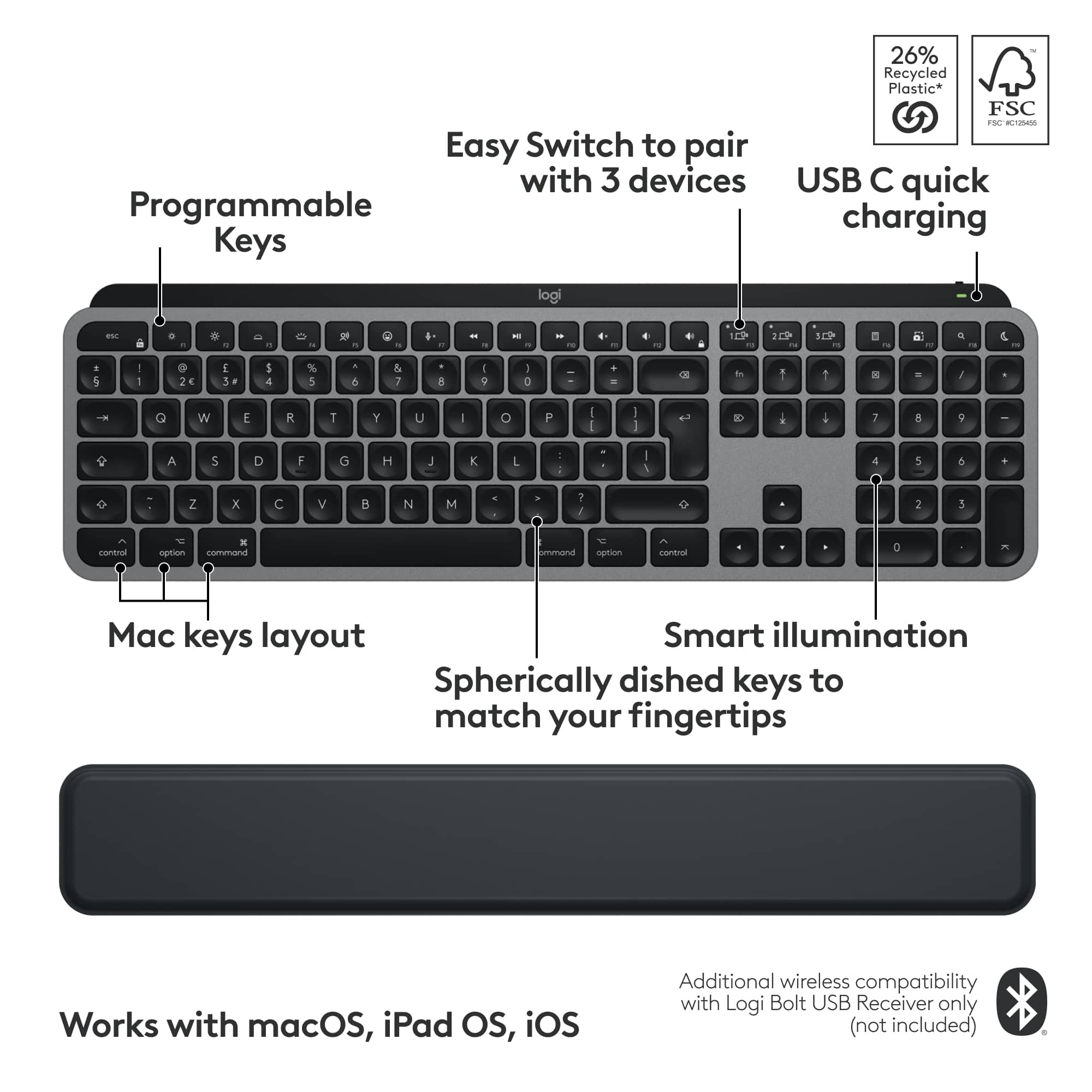 The image features a keyboard with a diagram showing the different keys and their functions. The keyboard is compatible with macOS, iPad OS, and iOS, and it has additional wireless compatibility with the Logi Bolt USB Receiver. The keys are designed to match the user's fingertips for a comfortable typing experience. The keyboard is programmable and can be easily switched to pair with up to three devices.