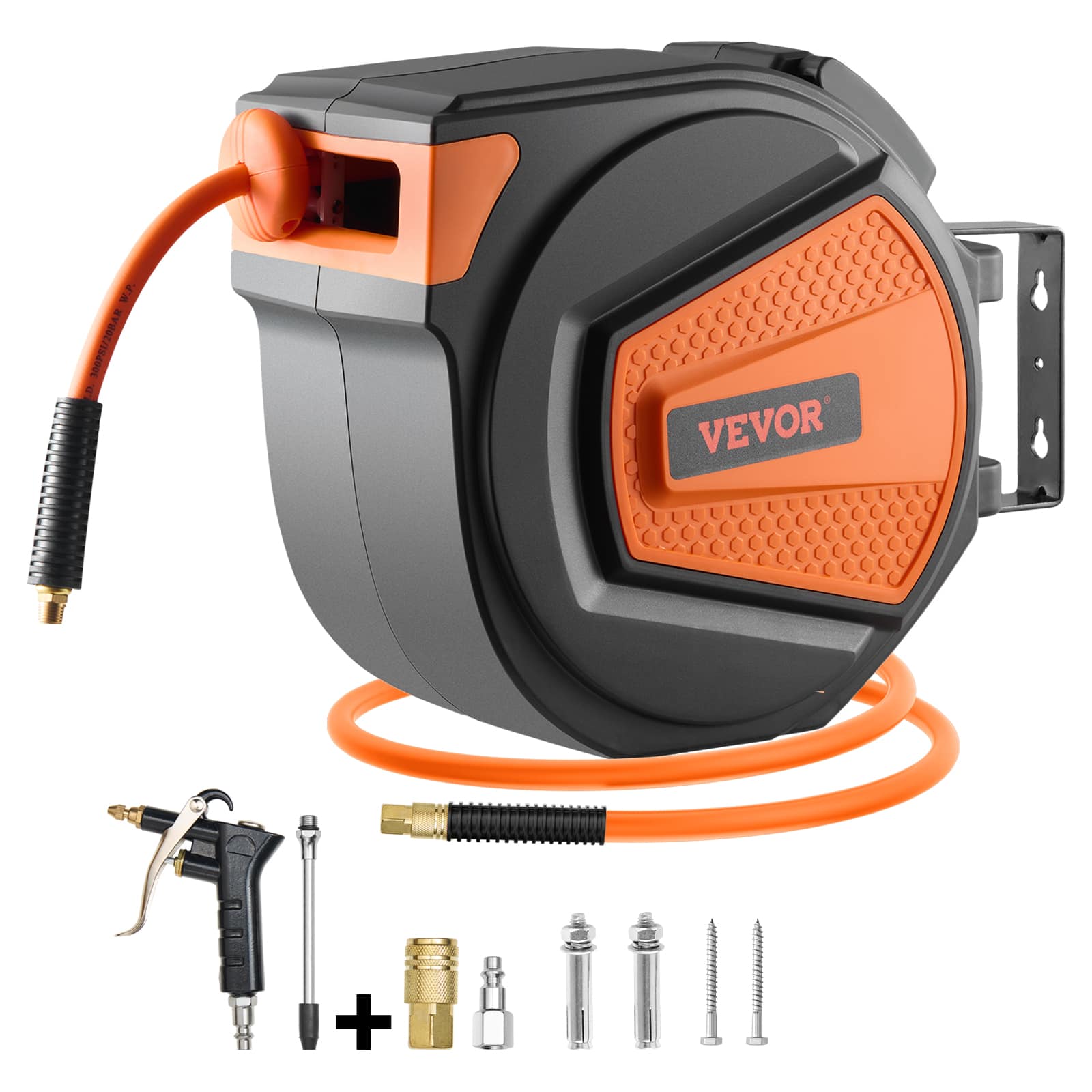 VEVOR - Retractable Air Hose Reel, 3/8IN x 65FT Hybrid Air Hose Max 300PSI, Air Compressor Hose Reel Auto-Rewind - Orange + Black