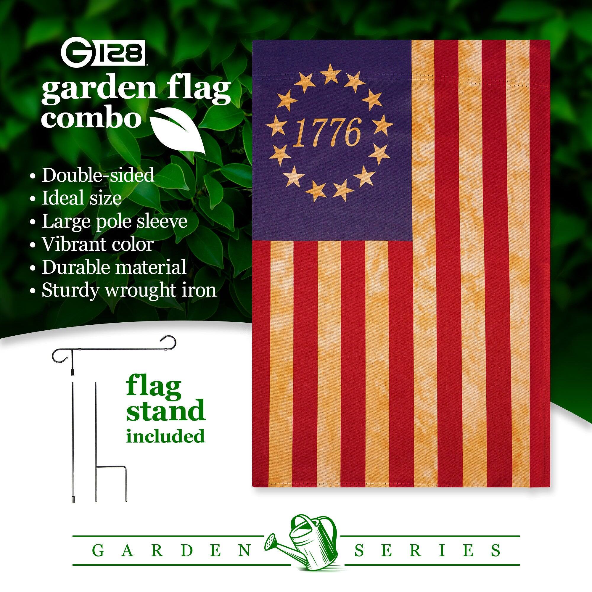 GI28 garden flag combo  
Double-sided  
Ideal size  
Large pole sleeve  
Vibrant color  
Durable material  
Sturdy wrought iron  
1776 flag stand included  
GARDEN SERIES