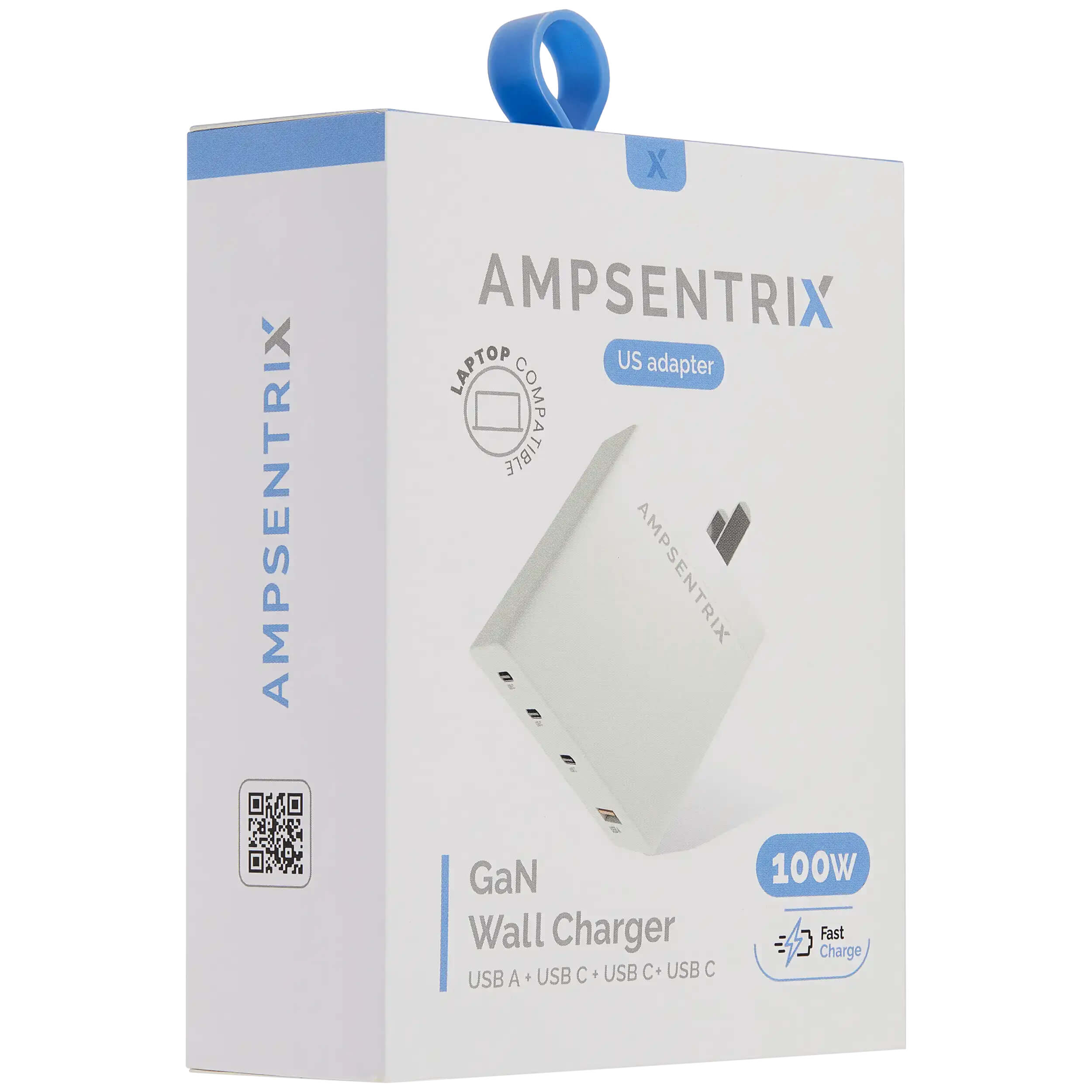 AMPSENTRIX X AMPSENTRIX LAPTOP US adapter COMPATIBLES AMPSENTRIX GaN 100W Wall Charger E  
Fast Charge USB C + USB C USB C USB A +