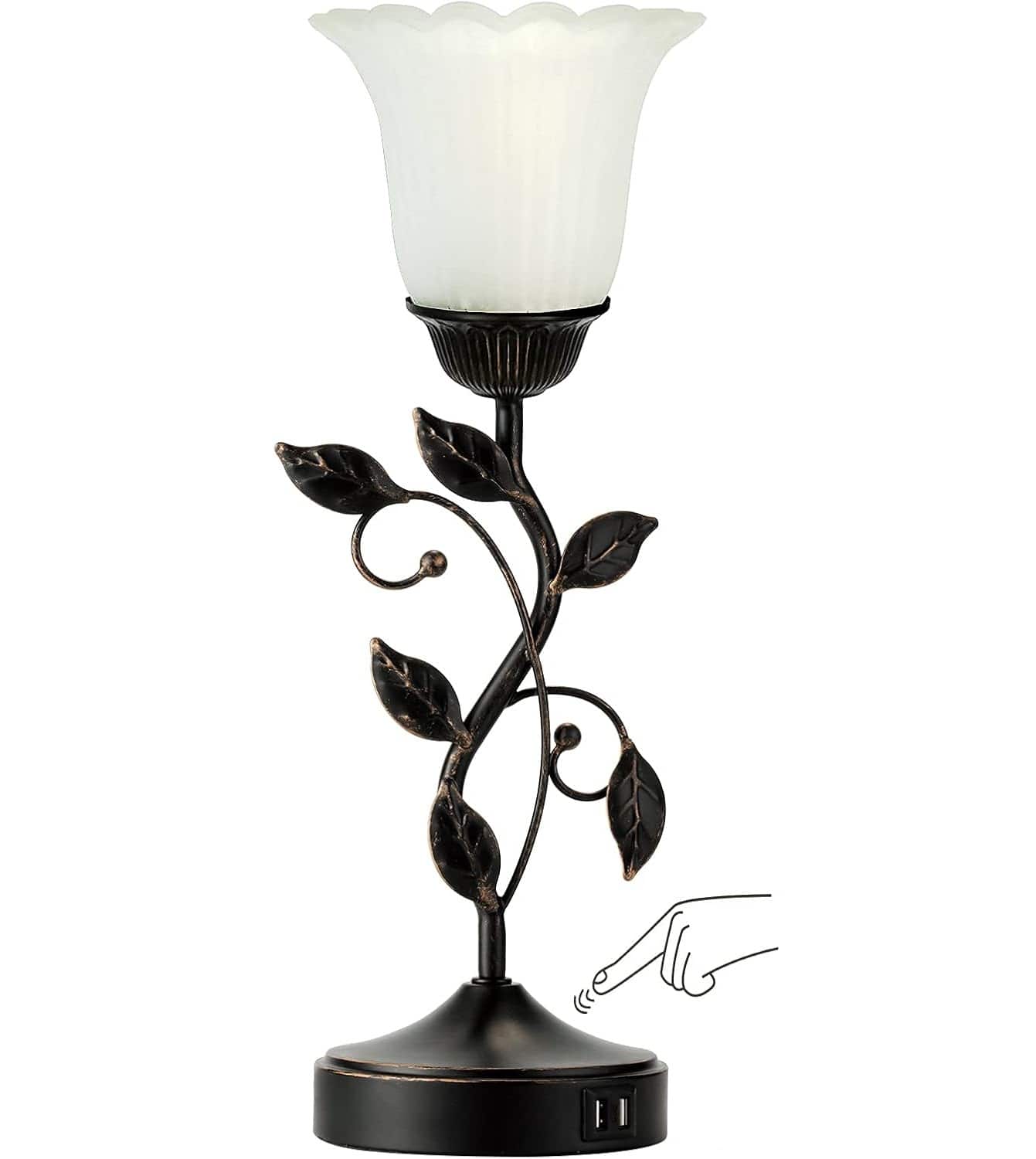 FINEAK - Vintage Table Lamp with Touch Control & Dual USB Charging - 1 Pack - Black + White Glass