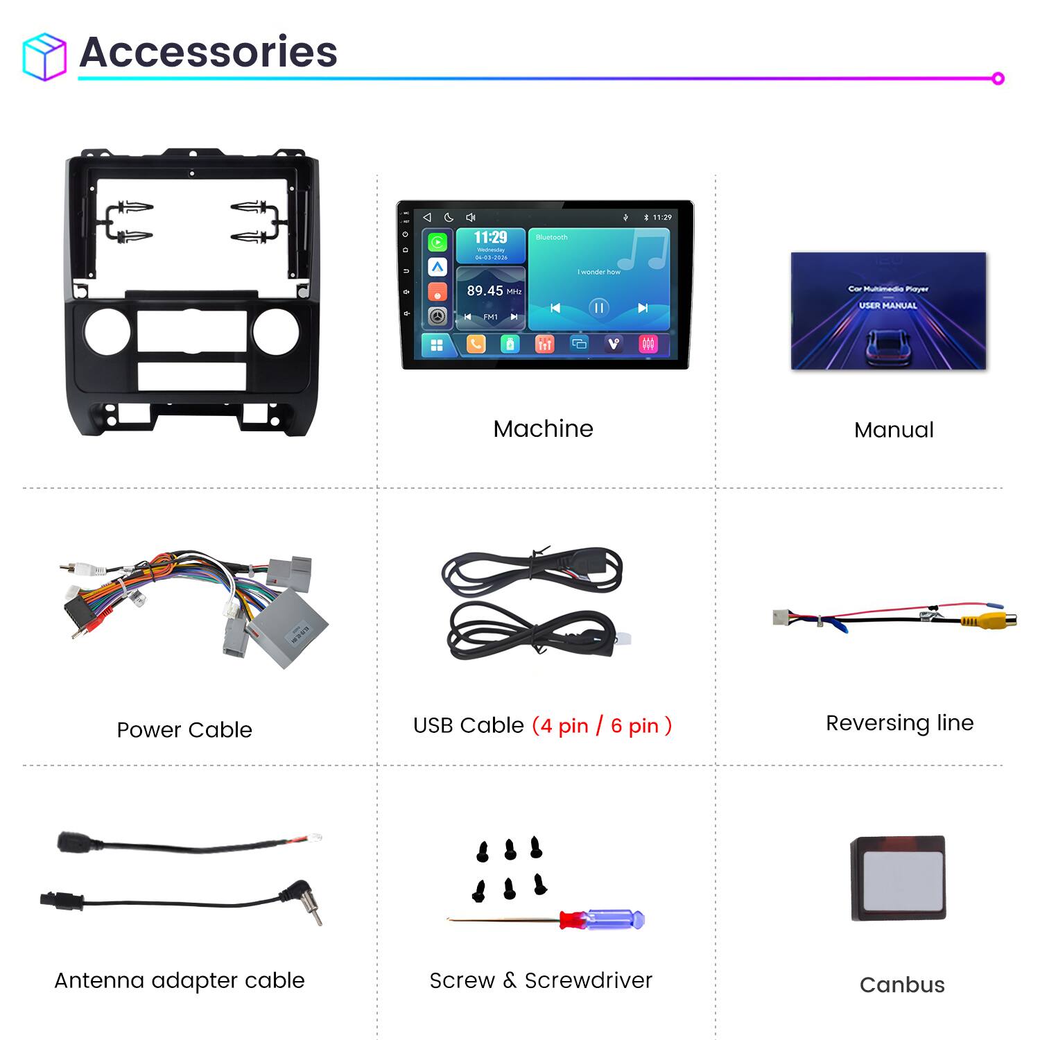 Accessories

- Machine
- Manual
- Power Cable
- USB Cable (4 pin / 6 pin)
- Reversing line
- Antenna adapter cable
- Screw & Screwdriver
- Canbus